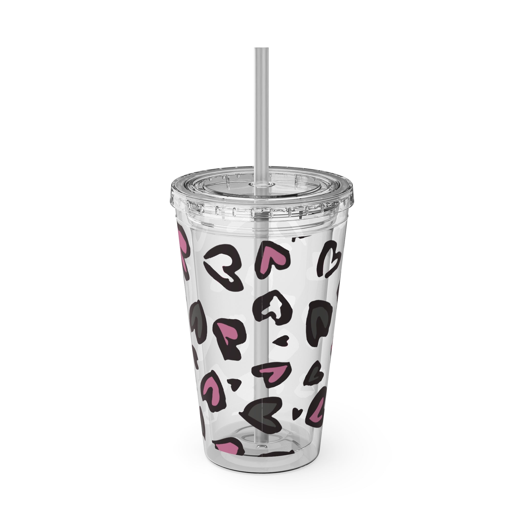Heart Leopard 16oz Tumbler with Straw — Pink & Black Animal Print Cold Cup