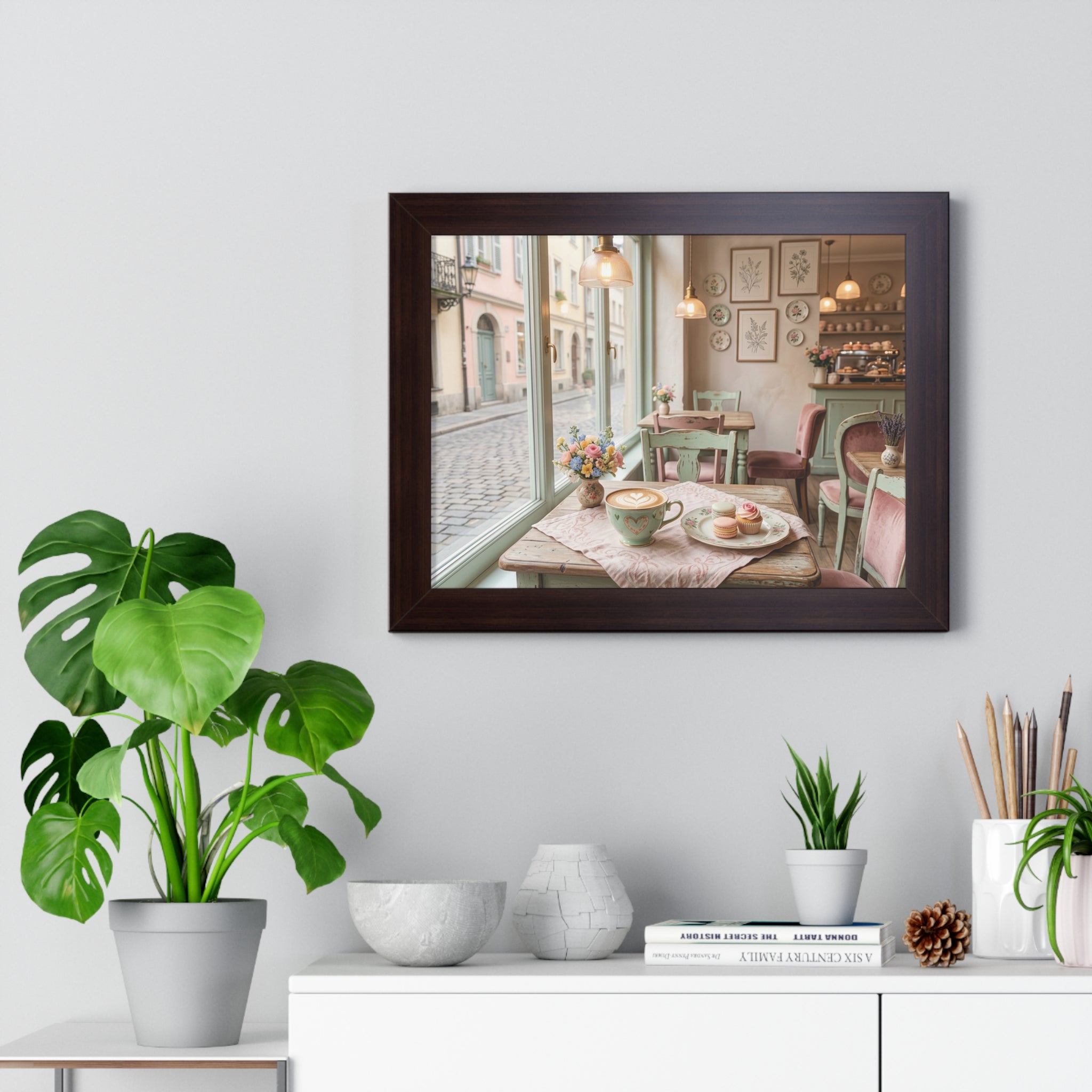 “Afternoon Café Stillness” Framed Poster: Cozy Pastel Café Wall Art | Hygge Coffee Shop Interior Print | Soft Luxury Home Decor