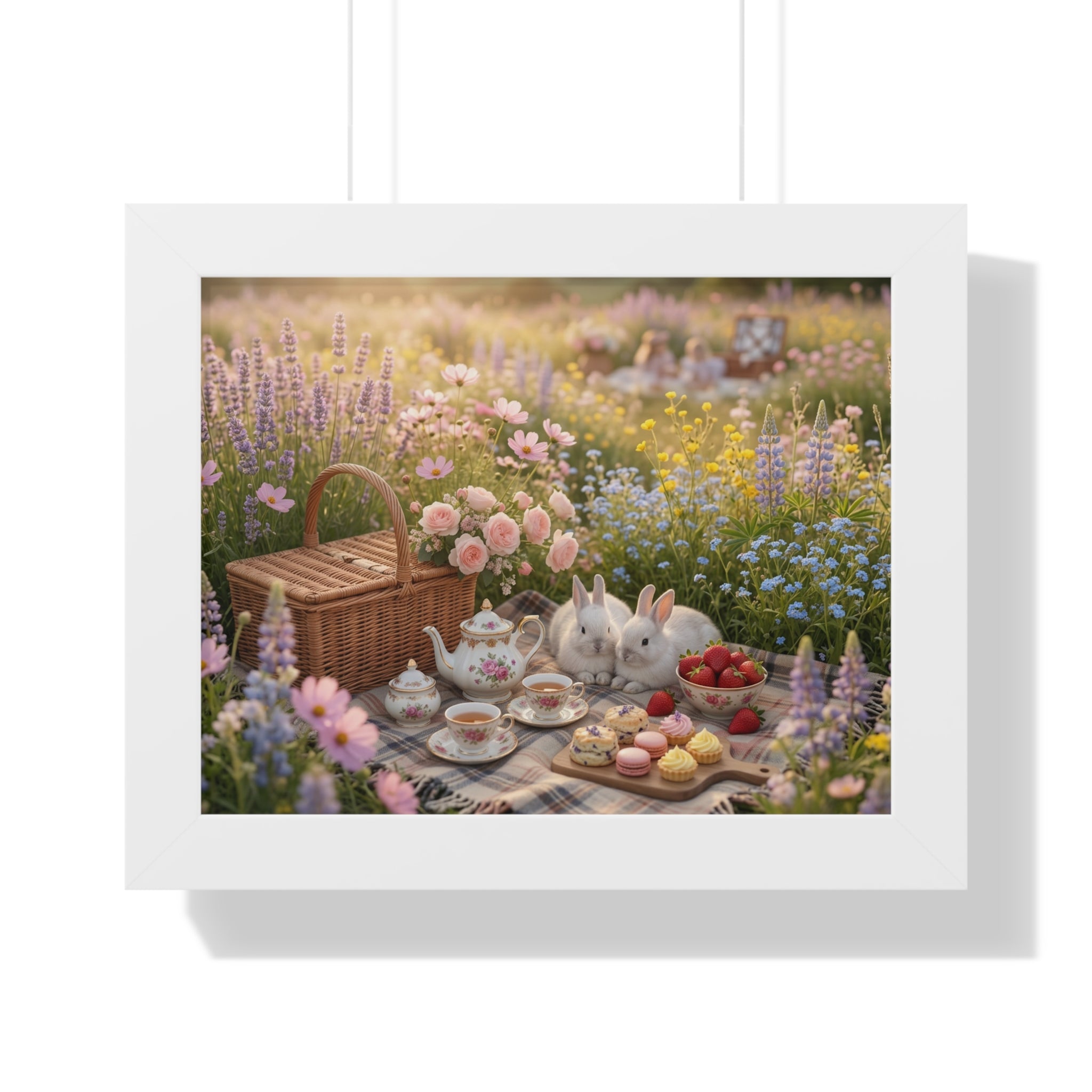 “Golden Meadow Picnic” Framed Poster: Pastel Meadow Picnic Wall Art | Soft Nature Bunny Aesthetic Print | Dreamy Cottagecore Deco