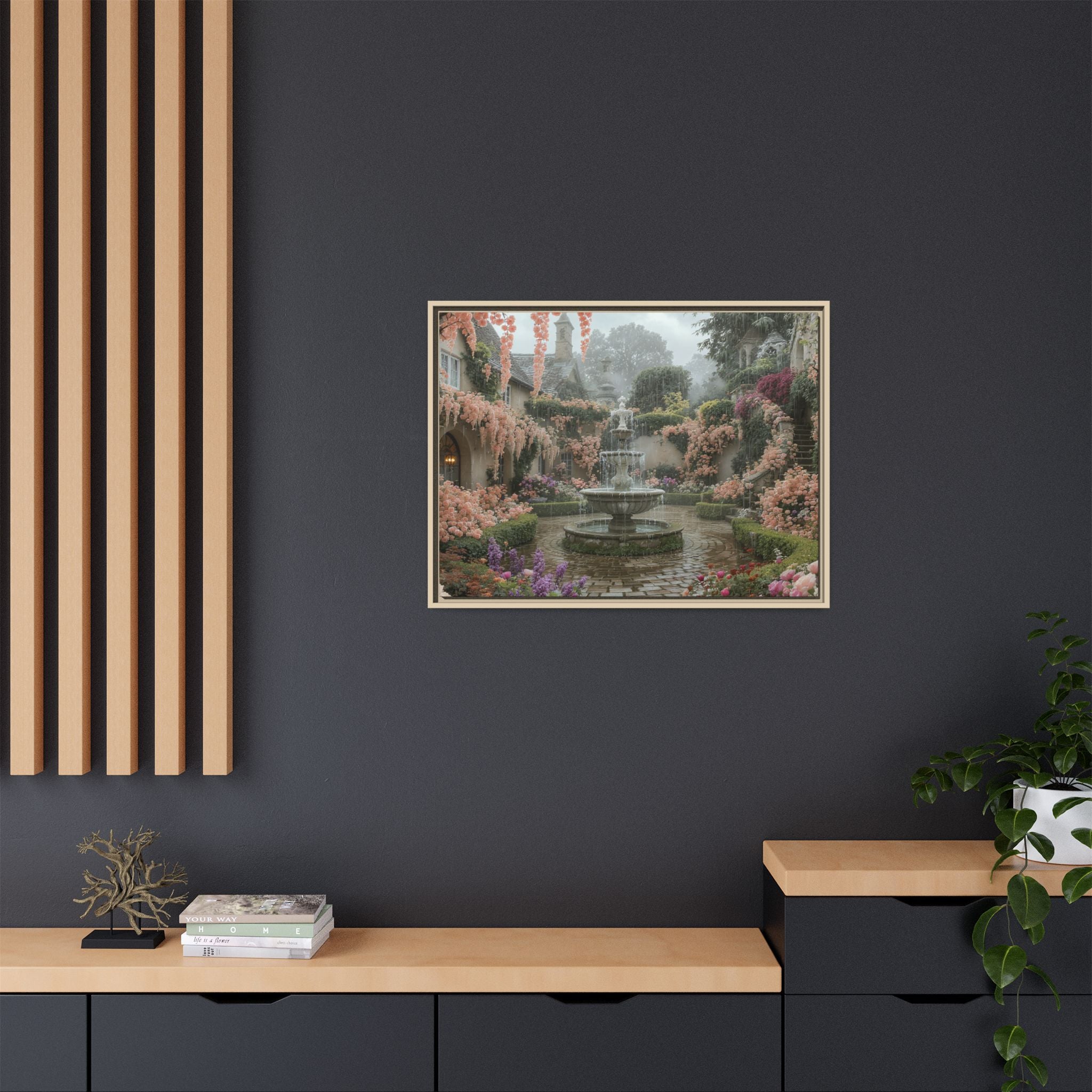 Mediterranean Garden Fountain Canvas — Framed Matte Wall Art