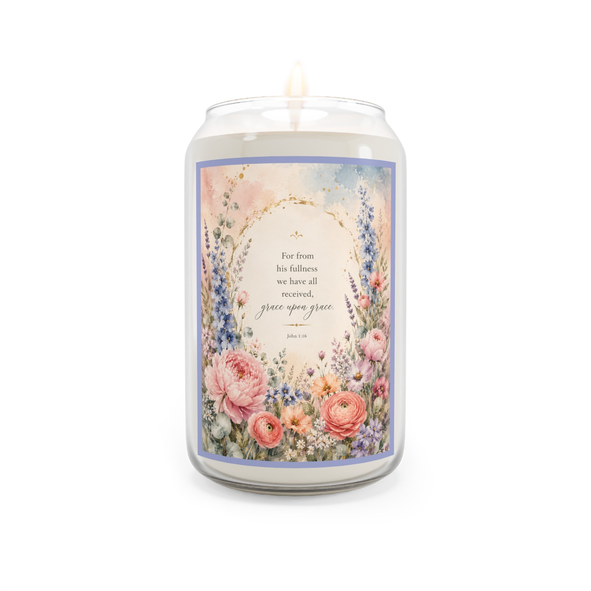 Floral Scripture Soy Candle — "For from His Fullness" 13.75oz