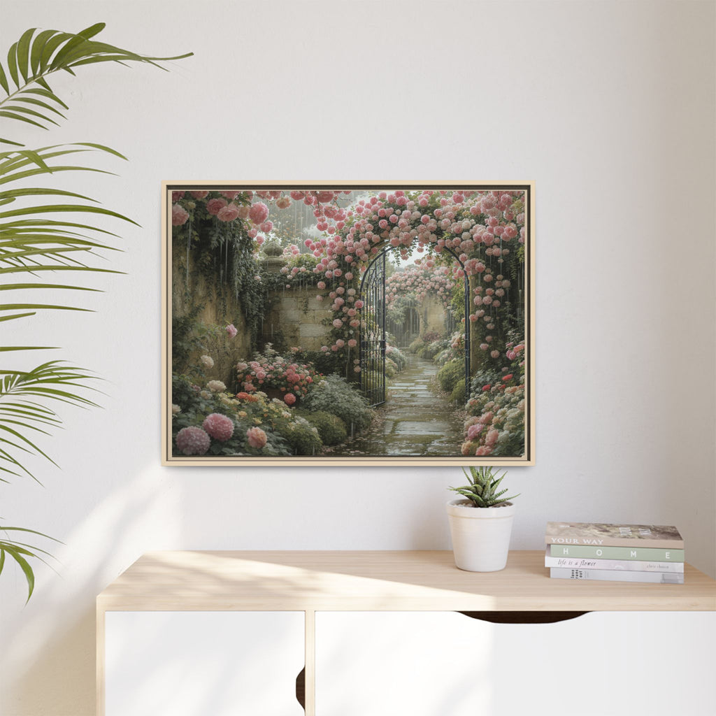 Framed Canvas Print – Secret Garden Archway Floral Landscape