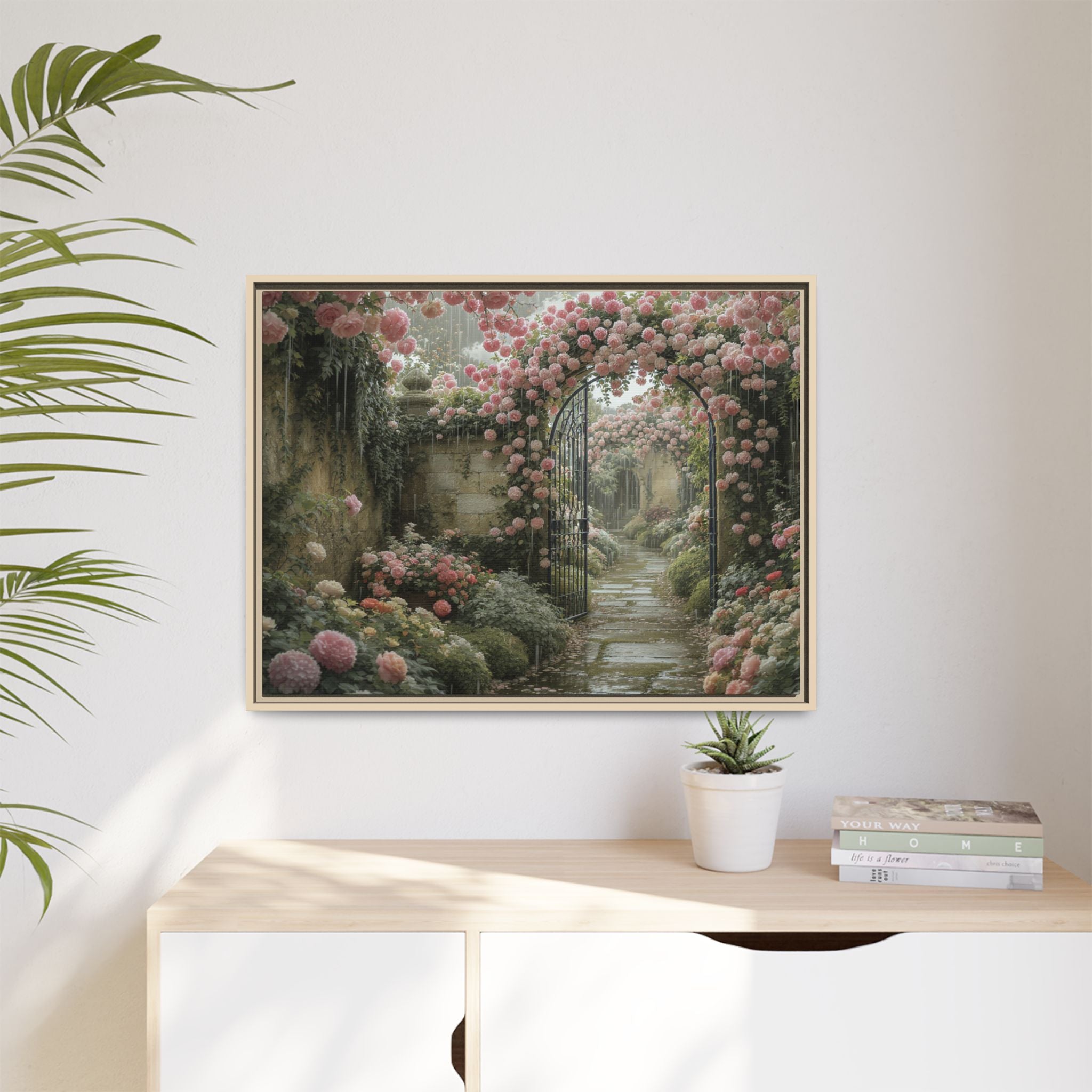 Framed Canvas Print – Secret Garden Archway Floral Landscape