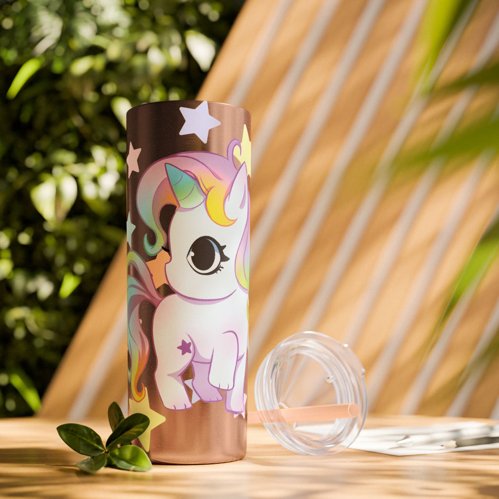 Unicorn Skinny Tumbler 20oz — Cute Pastel Rainbow Unicorn with Straw