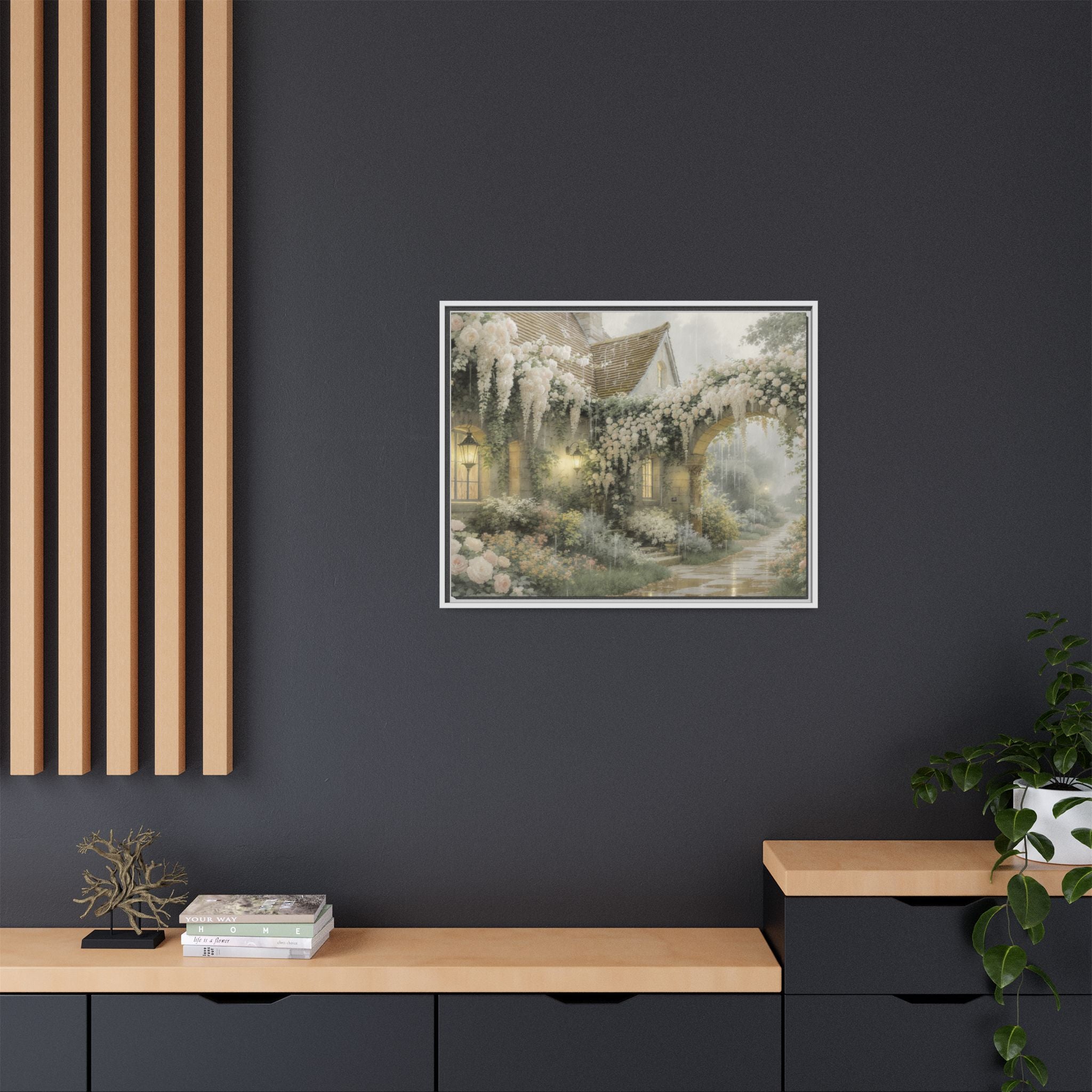 Framed Matte Canvas Print – Cottage Garden Pathway in Soft Floral Hues