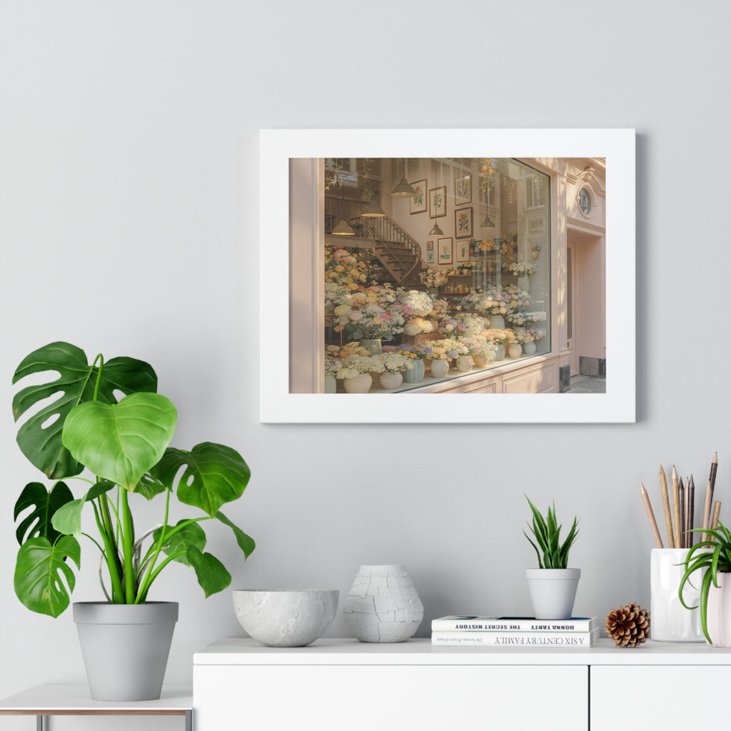 “Golden Hour Flower Boutique” Framed Poster: Pastel Flower Shop Wall Art | Soft Boutique Street Photography Print | Cozy European Aesthetic Decor