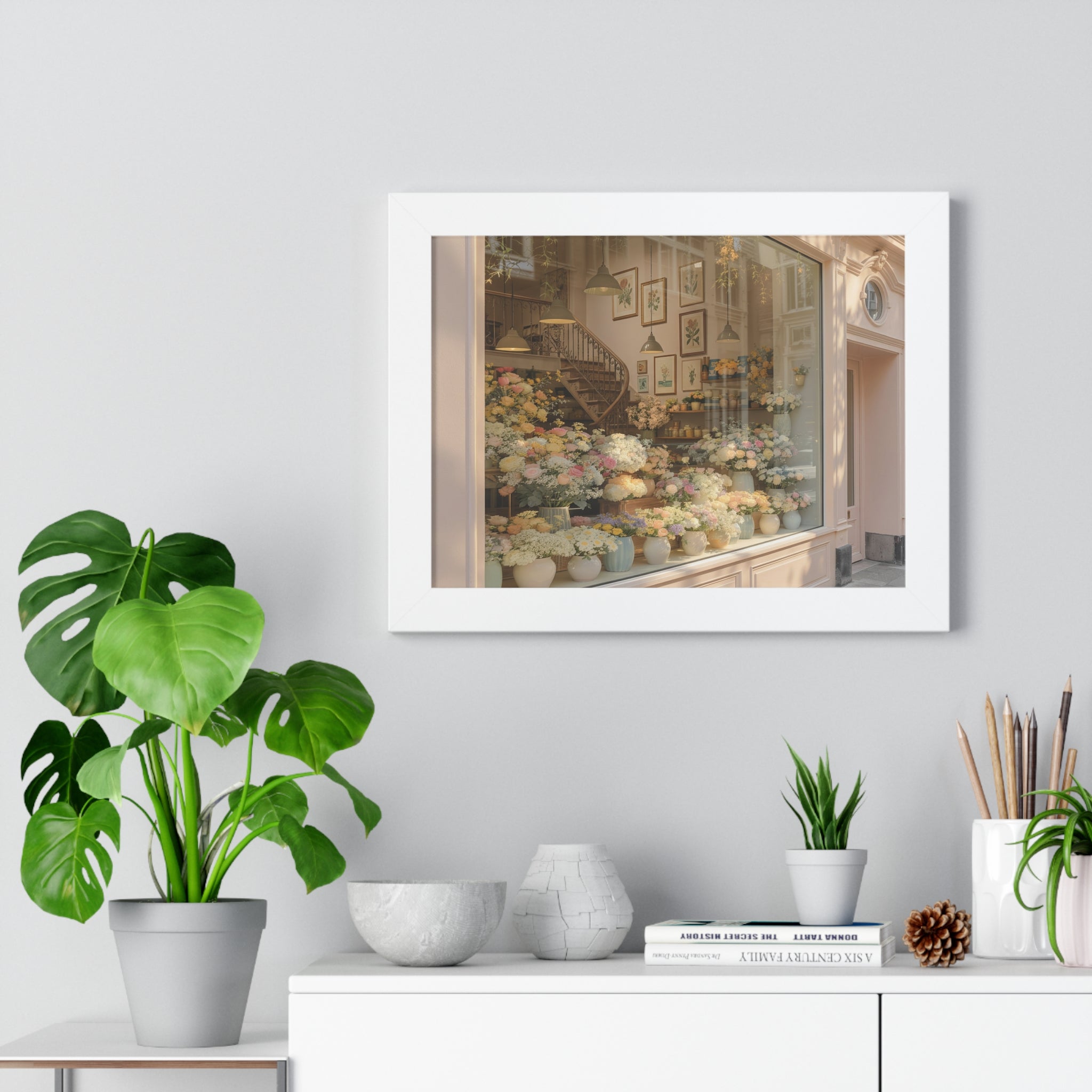 “Golden Hour Flower Boutique” Framed Poster: Pastel Flower Shop Wall Art | Soft Boutique Street Photography Print | Cozy European Aesthetic Decor