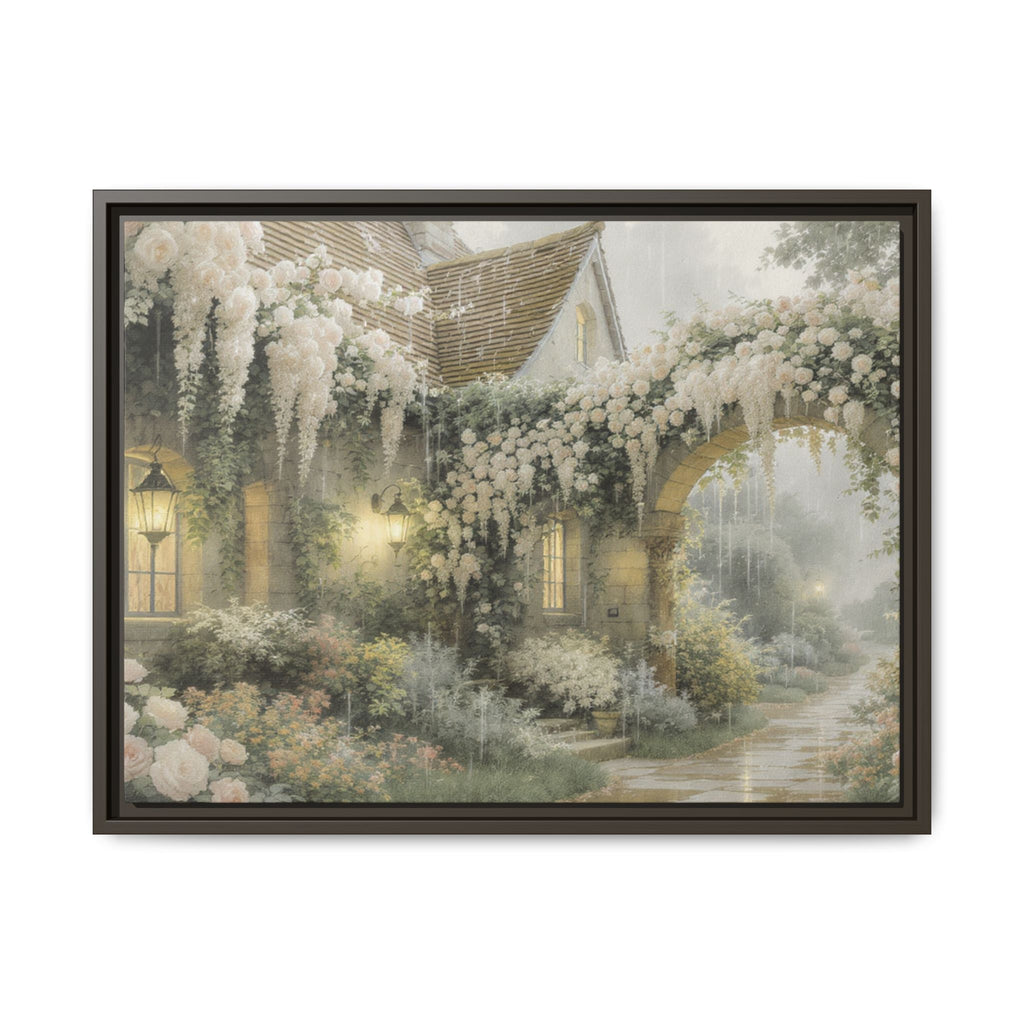 Framed Matte Canvas Print – Cottage Garden Pathway in Soft Floral Hues