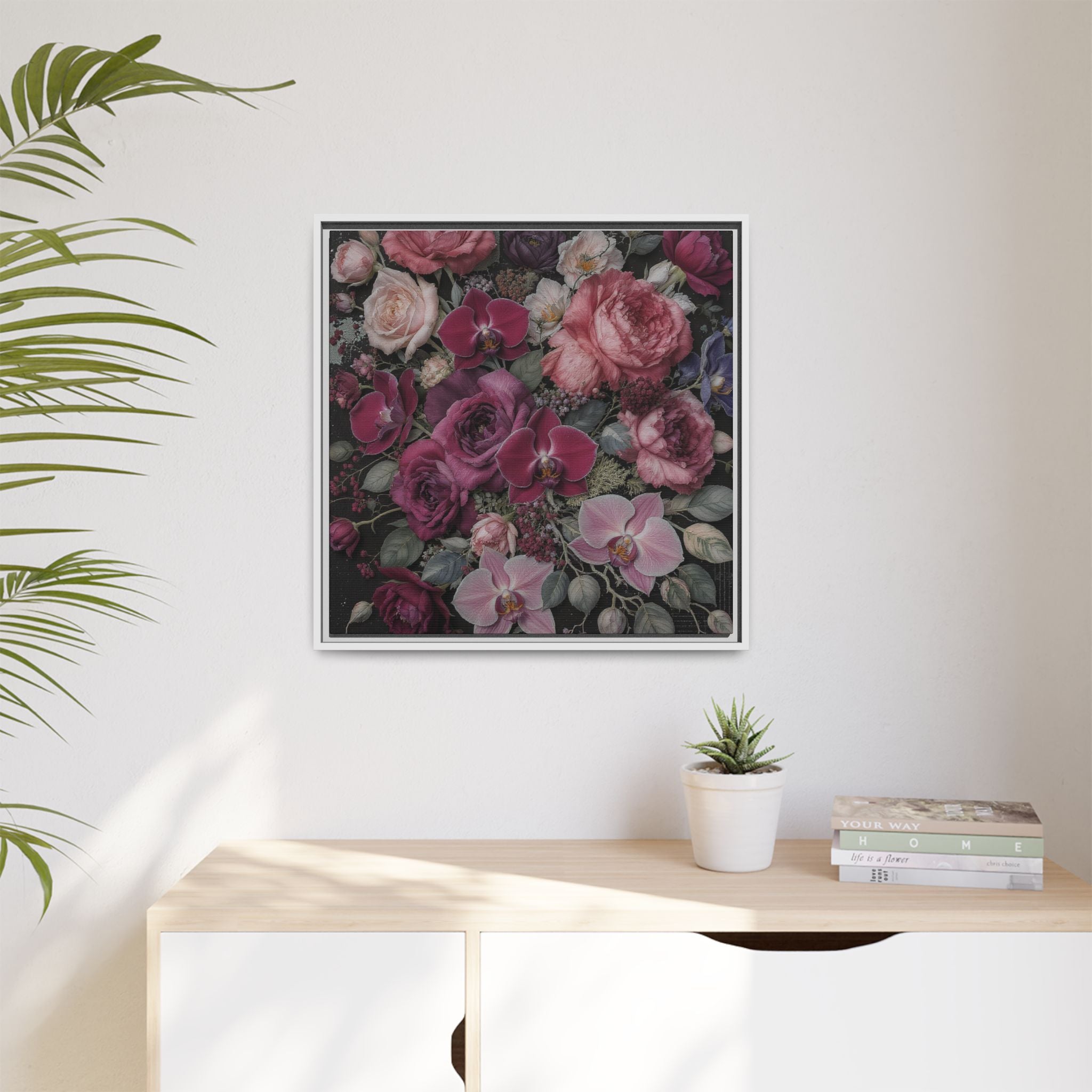 Framed Floral Canvas Print — Dark Romantic Bouquet Wall Art