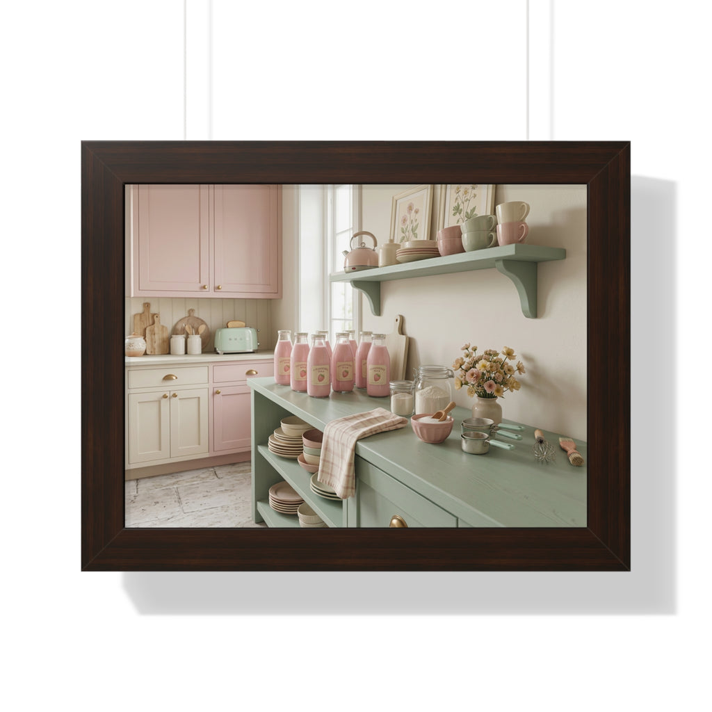 “Strawberry Milk Kitchen Aesthetic” Framed Poster: Pastel Kitchen Wall Art | Strawberry Milk Aesthetic Still Life Print | Soft Retro Home Decor
