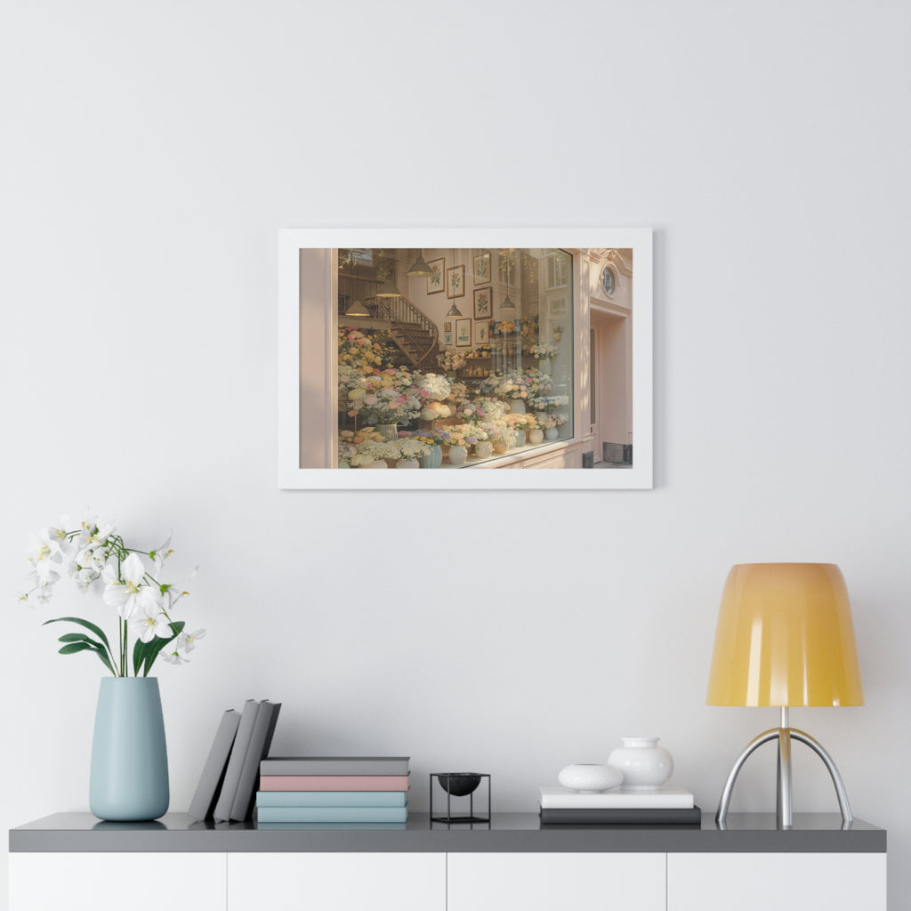 “Golden Hour Flower Boutique” Framed Poster: Pastel Flower Shop Wall Art | Soft Boutique Street Photography Print | Cozy European Aesthetic Decor