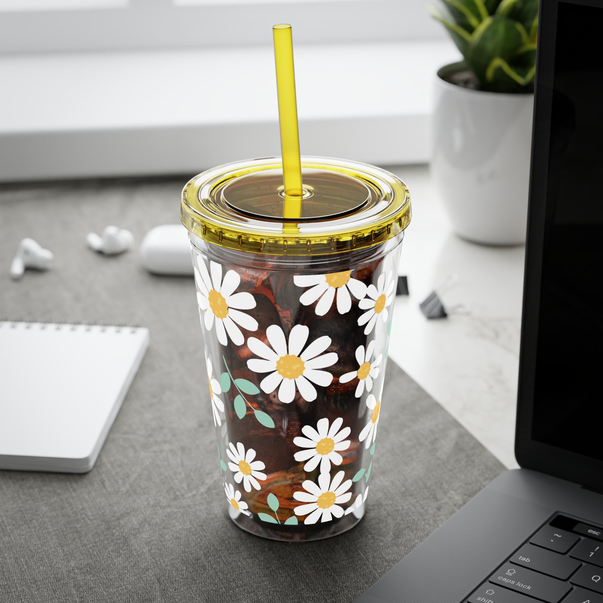 16oz Daisy Tumbler with Straw — Clear Floral Sunsplash Cup
