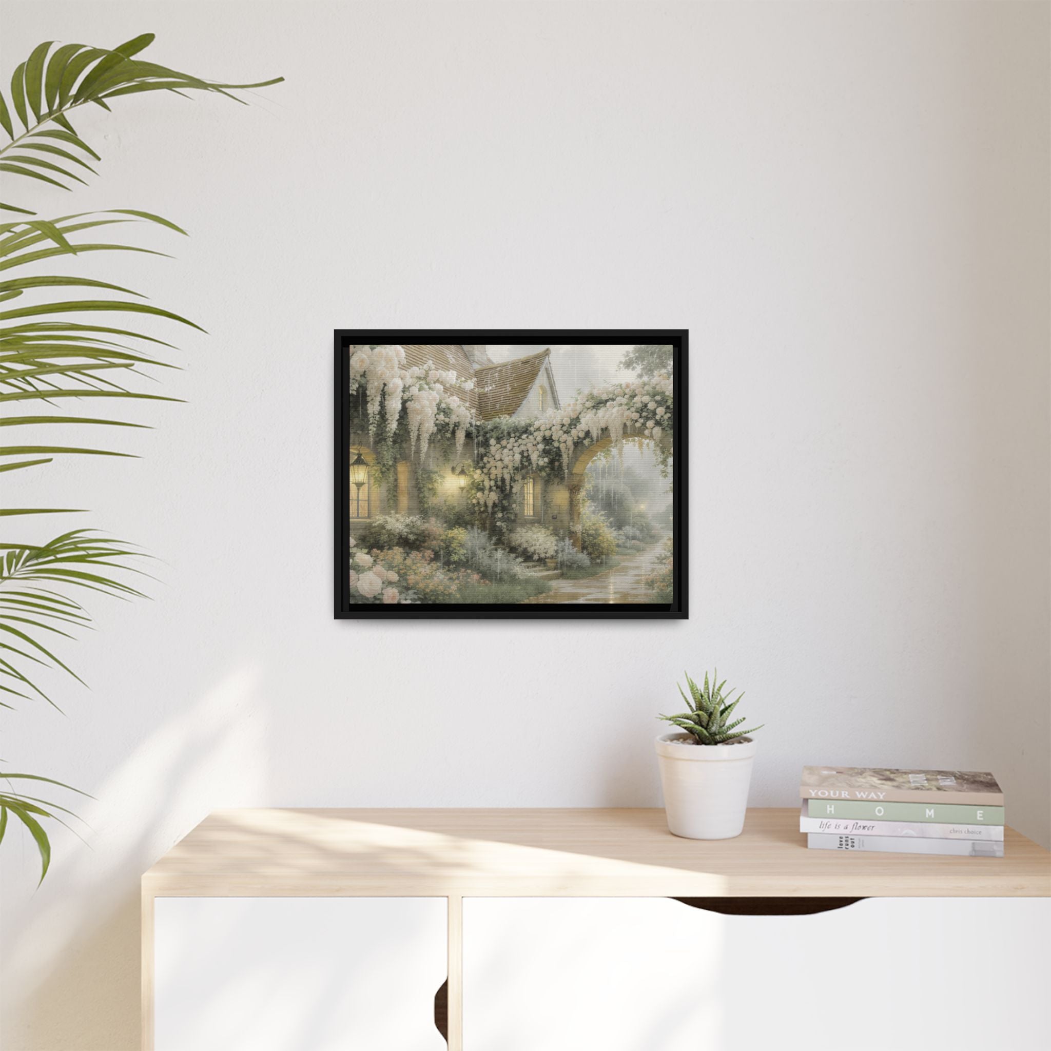 Framed Matte Canvas Print – Cottage Garden Pathway in Soft Floral Hues