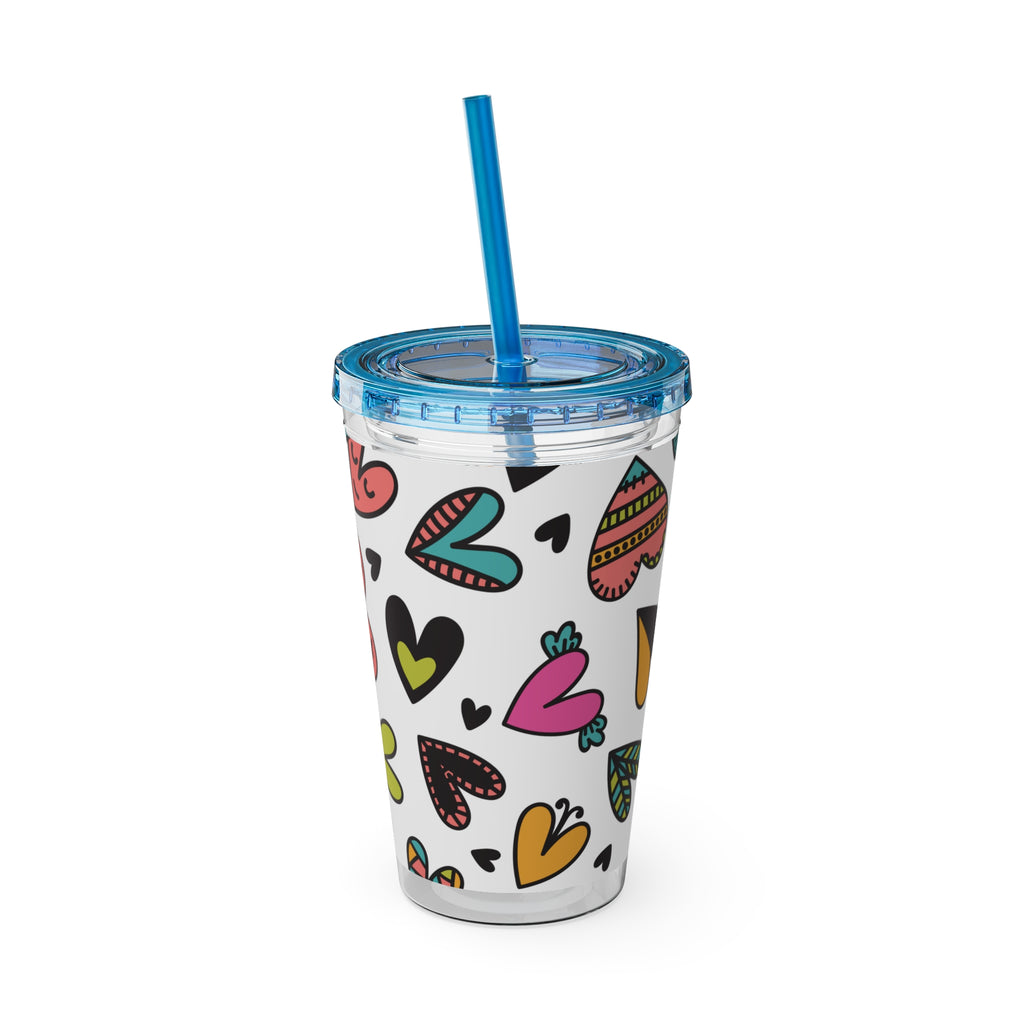 16oz Heart Pattern Tumbler with Straw — Colorful Doodle Hearts Travel Cup