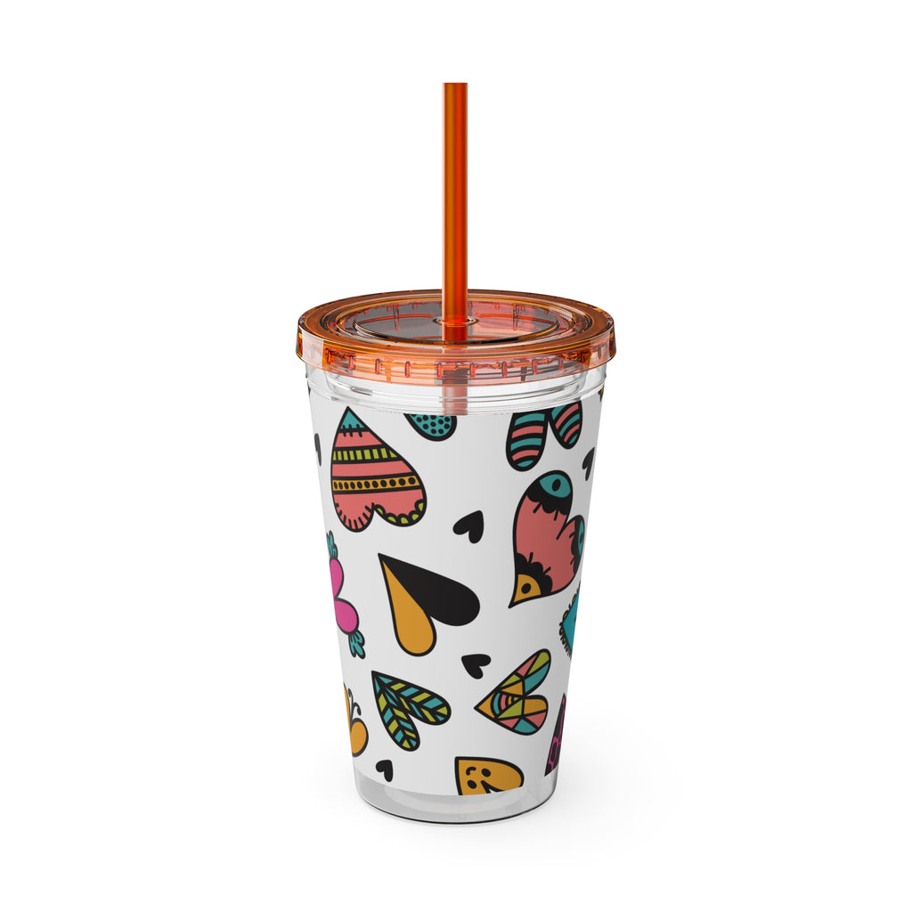 16oz Heart Pattern Tumbler with Straw — Colorful Doodle Hearts Travel Cup