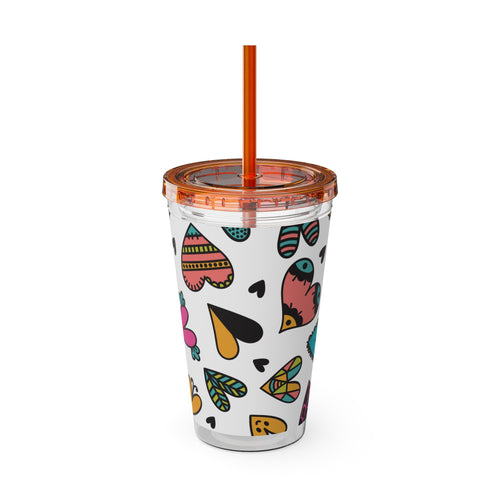 16oz Heart Pattern Tumbler with Straw — Colorful Doodle Hearts Travel Cup
