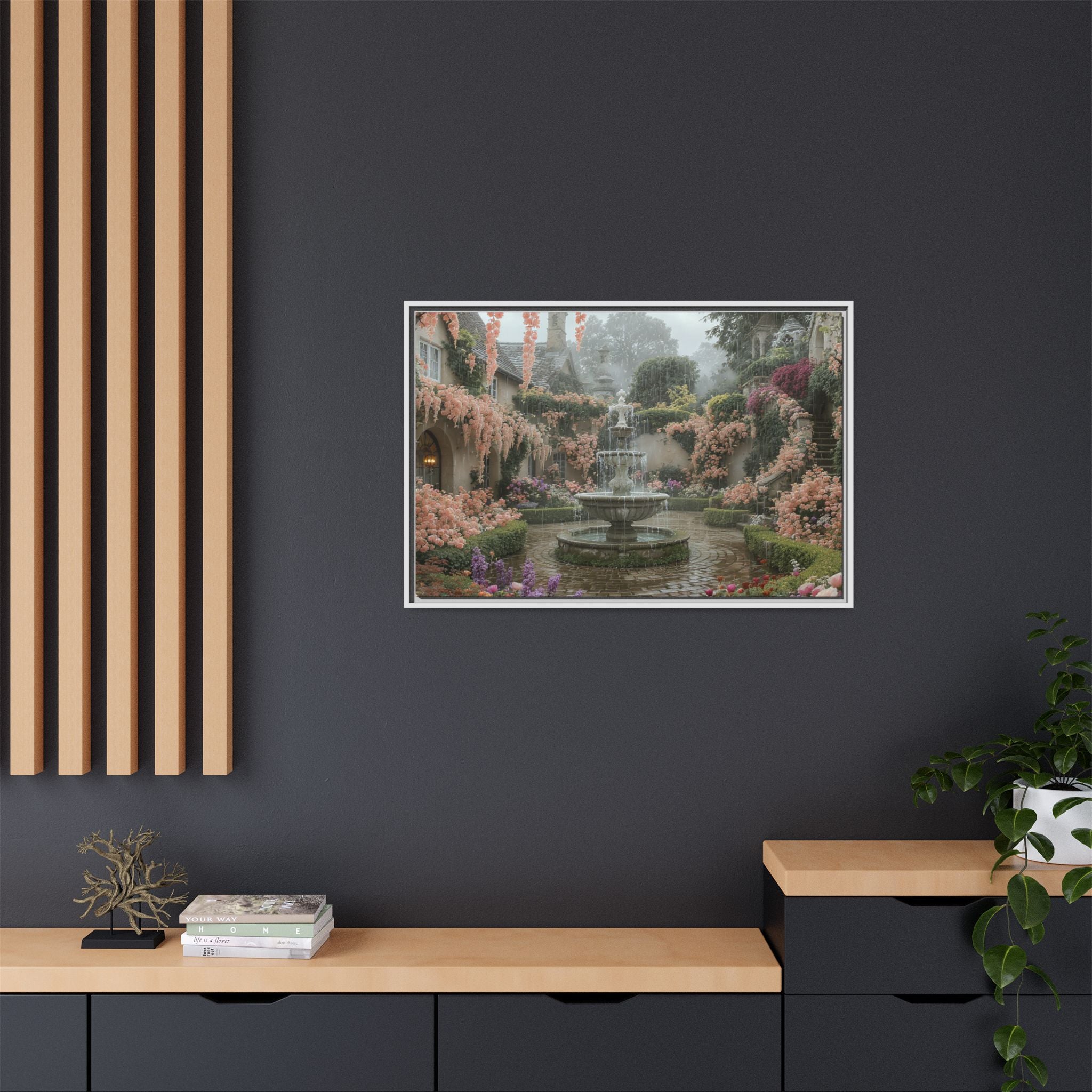 Mediterranean Garden Fountain Canvas — Framed Matte Wall Art