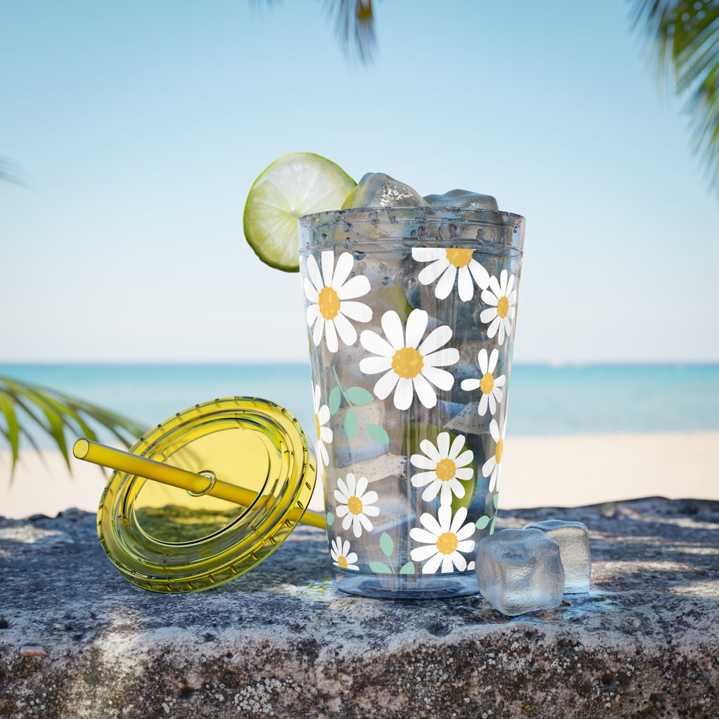 16oz Daisy Tumbler with Straw — Clear Floral Sunsplash Cup