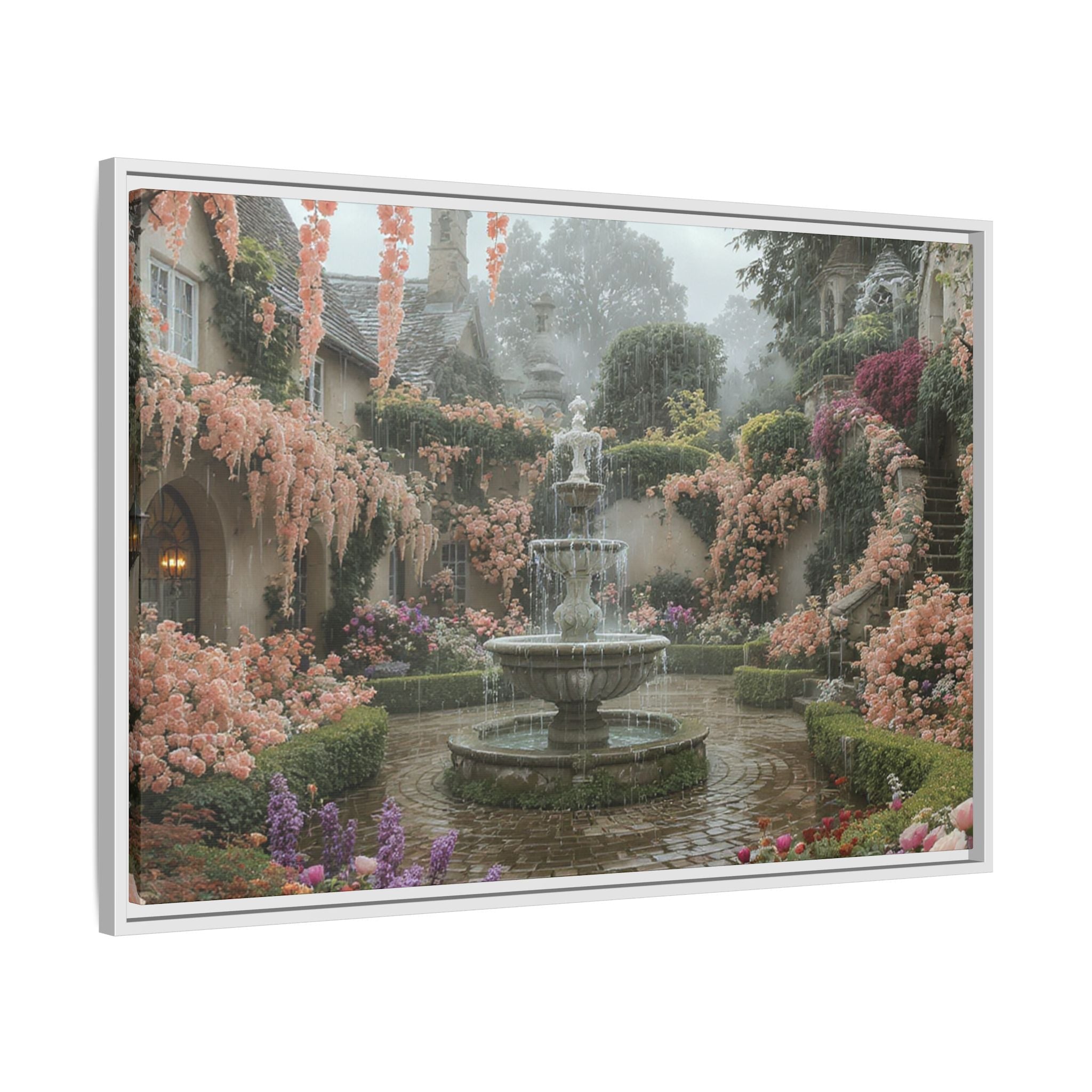 Mediterranean Garden Fountain Canvas — Framed Matte Wall Art