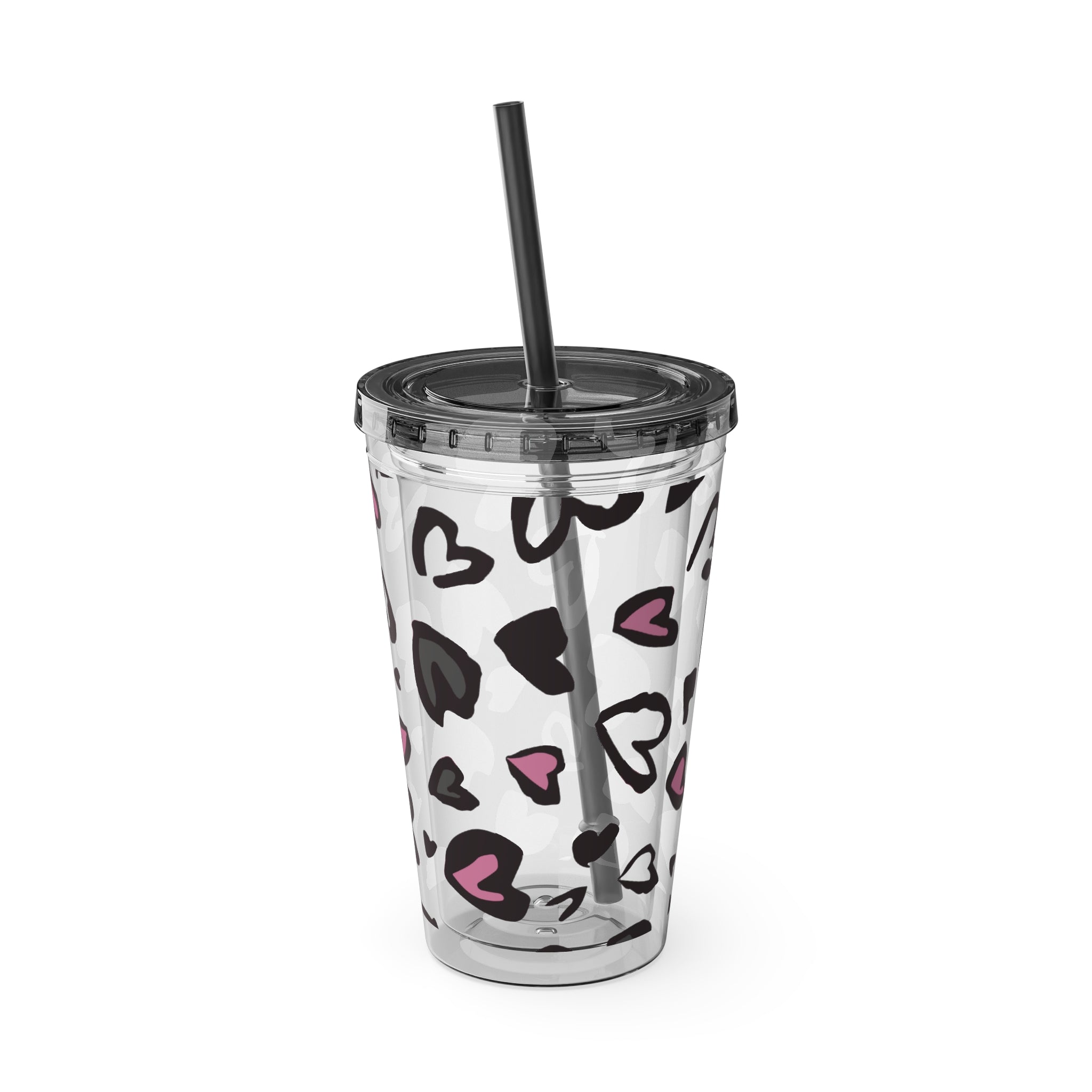 Heart Leopard 16oz Tumbler with Straw — Pink & Black Animal Print Cold Cup