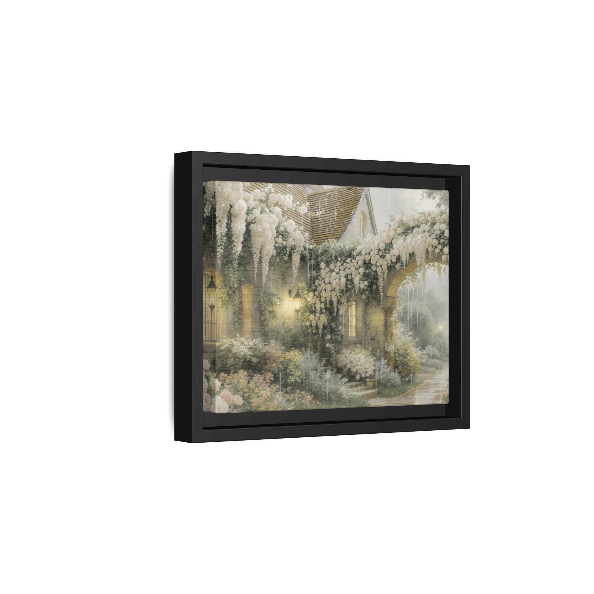 Framed Matte Canvas Print – Cottage Garden Pathway in Soft Floral Hues
