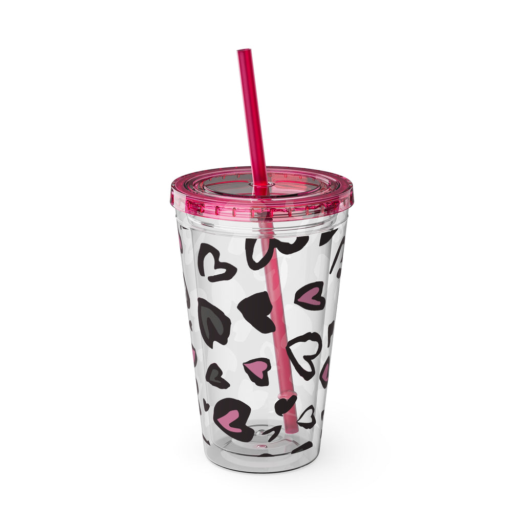 Heart Leopard 16oz Tumbler with Straw — Pink & Black Animal Print Cold Cup