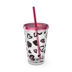 Heart Leopard 16oz Tumbler with Straw — Pink & Black Animal Print Cold Cup