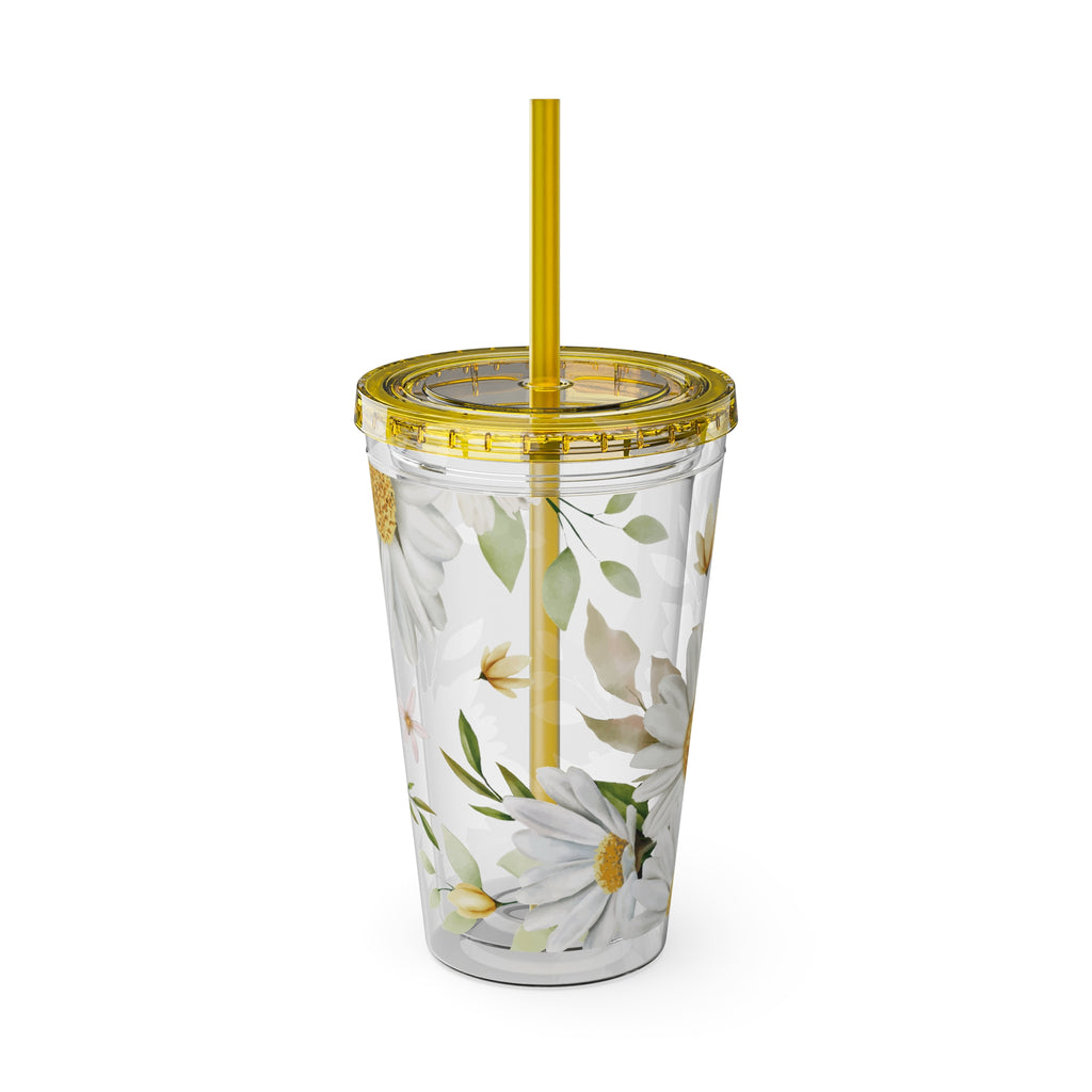 Daisy Floral 16oz Tumbler with Straw — Clear Sunlit Daisy Print
