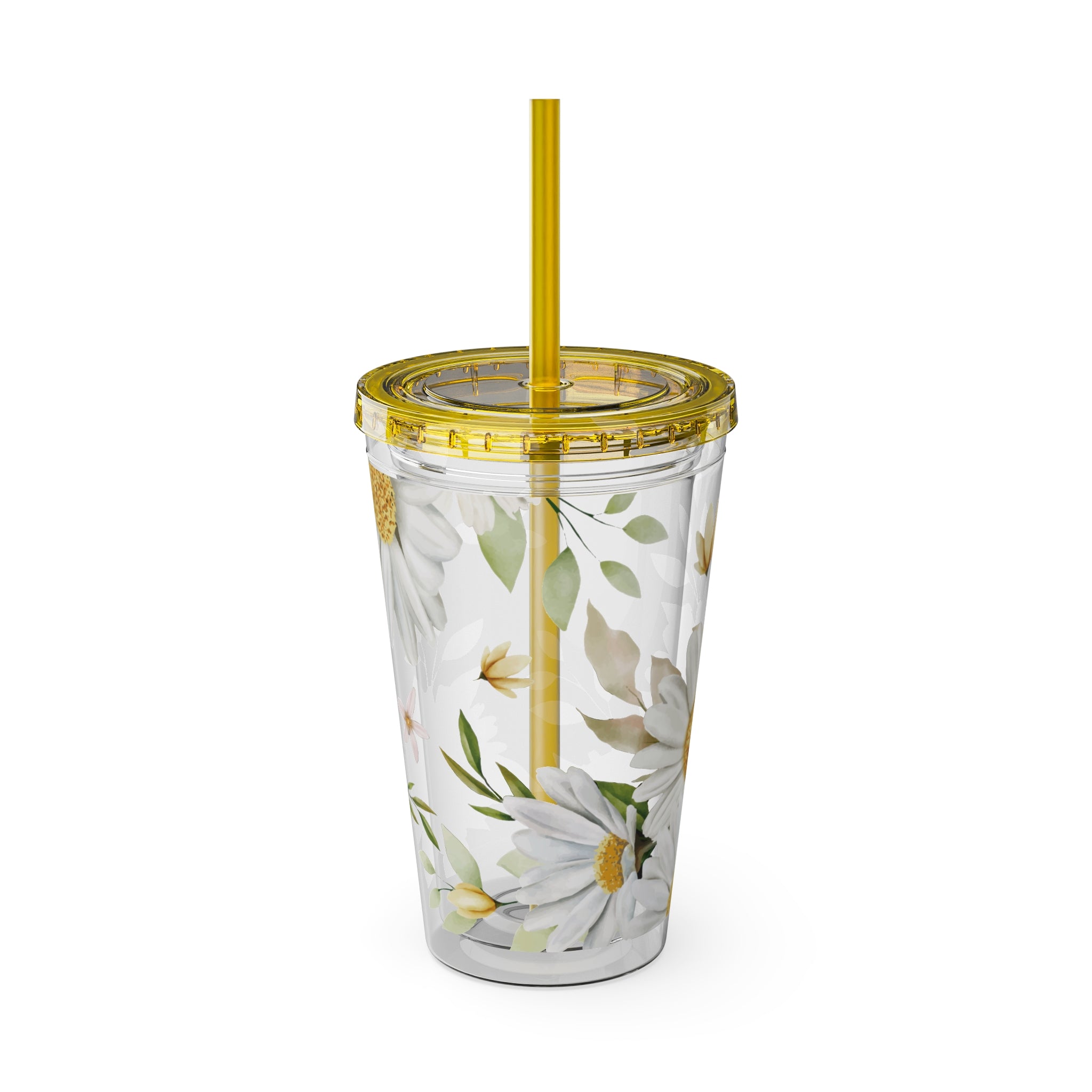 Daisy Floral 16oz Tumbler with Straw — Clear Sunlit Daisy Print