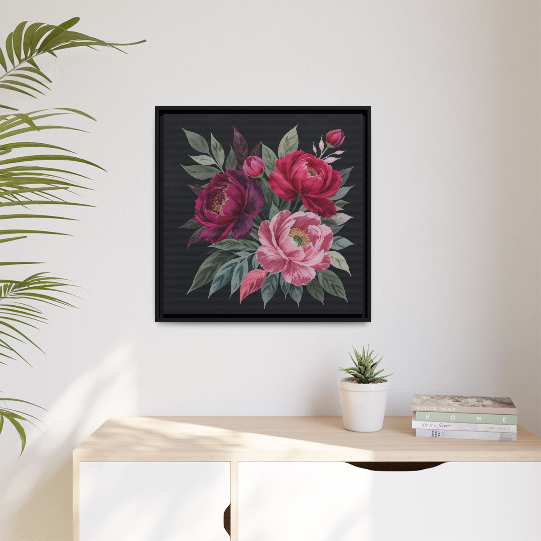 Framed Floral Canvas Print — Pink & Burgundy Peonies on Black