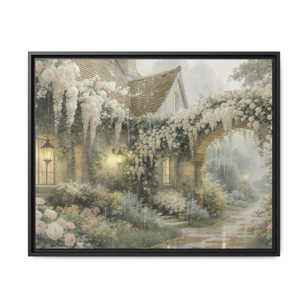 Framed Matte Canvas Print – Cottage Garden Pathway in Soft Floral Hues