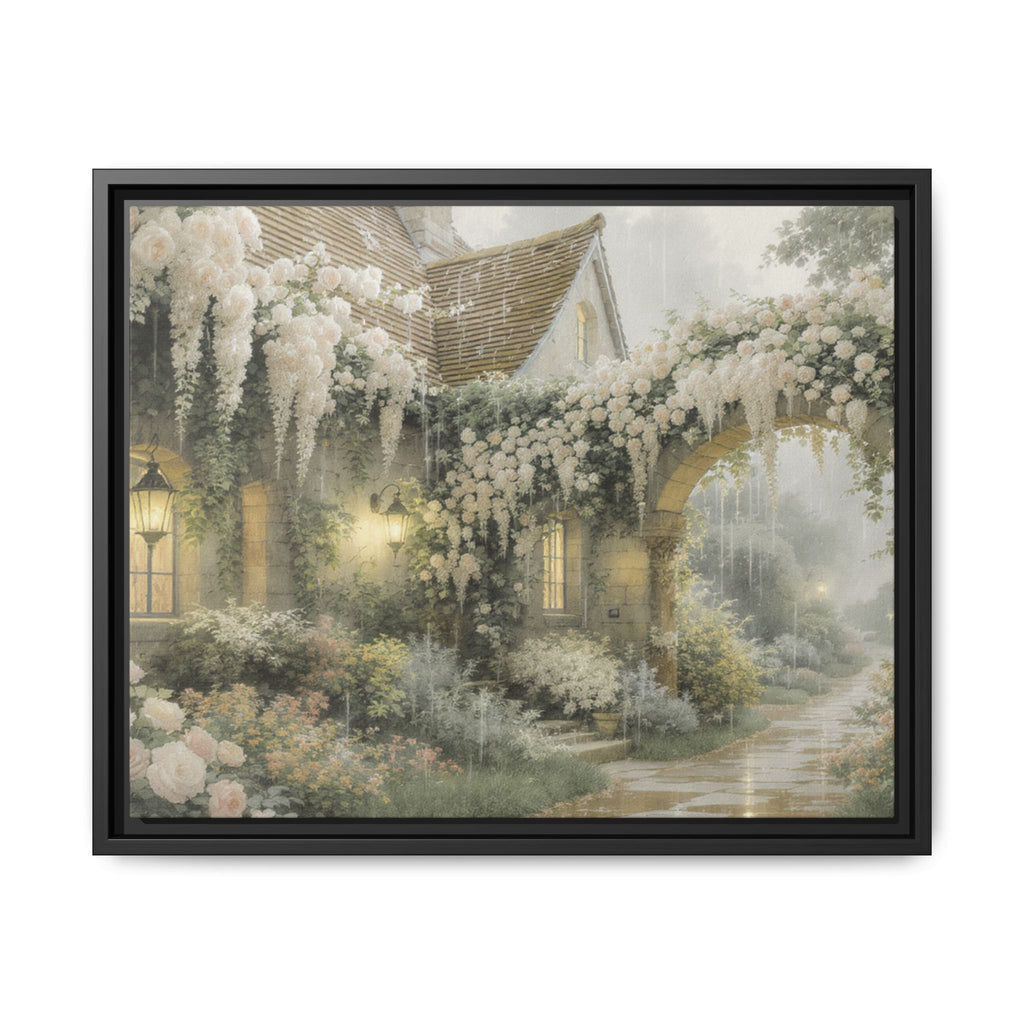 Framed Matte Canvas Print – Cottage Garden Pathway in Soft Floral Hues