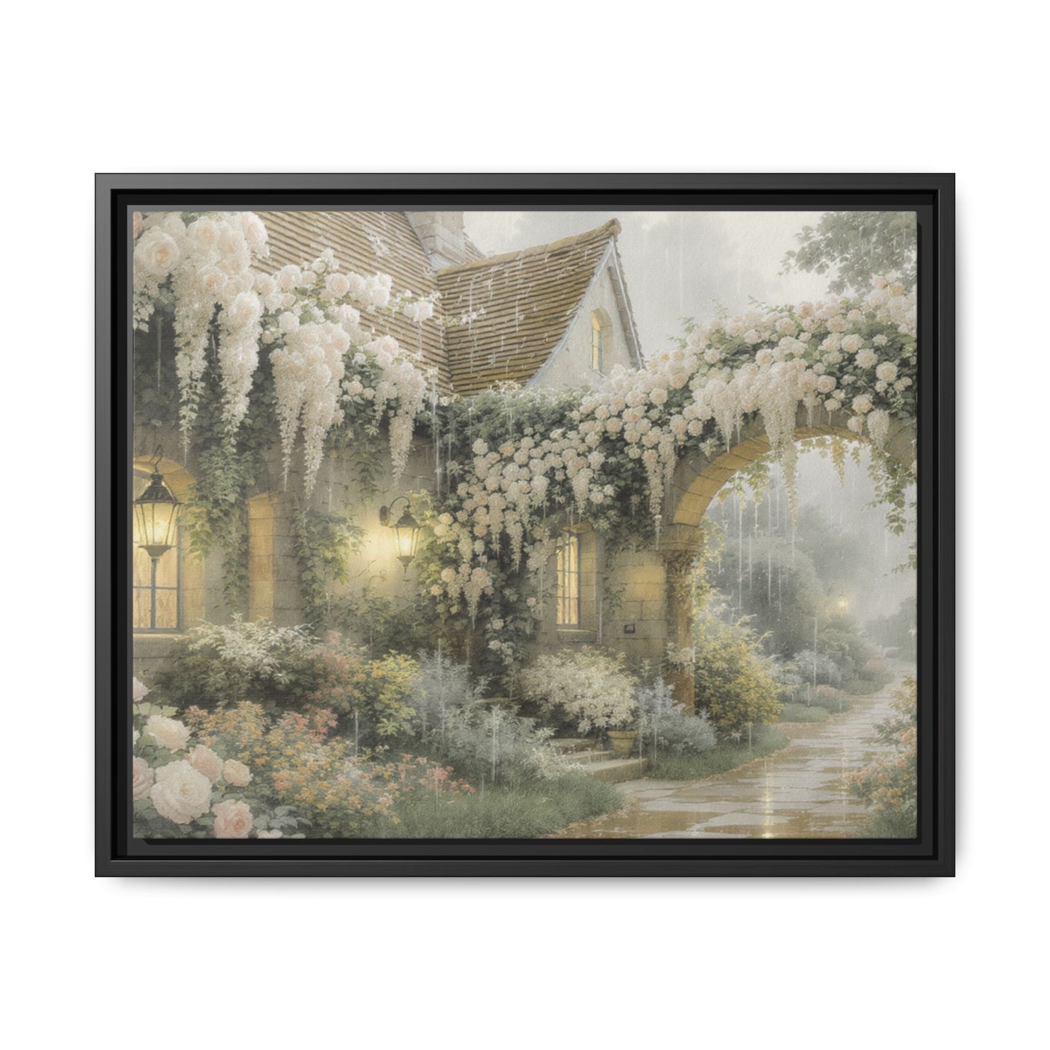 Framed Matte Canvas Print – Cottage Garden Pathway in Soft Floral Hues