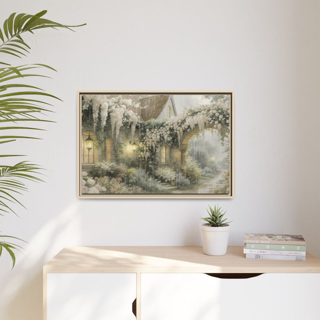 Framed Matte Canvas Print – Cottage Garden Pathway in Soft Floral Hues