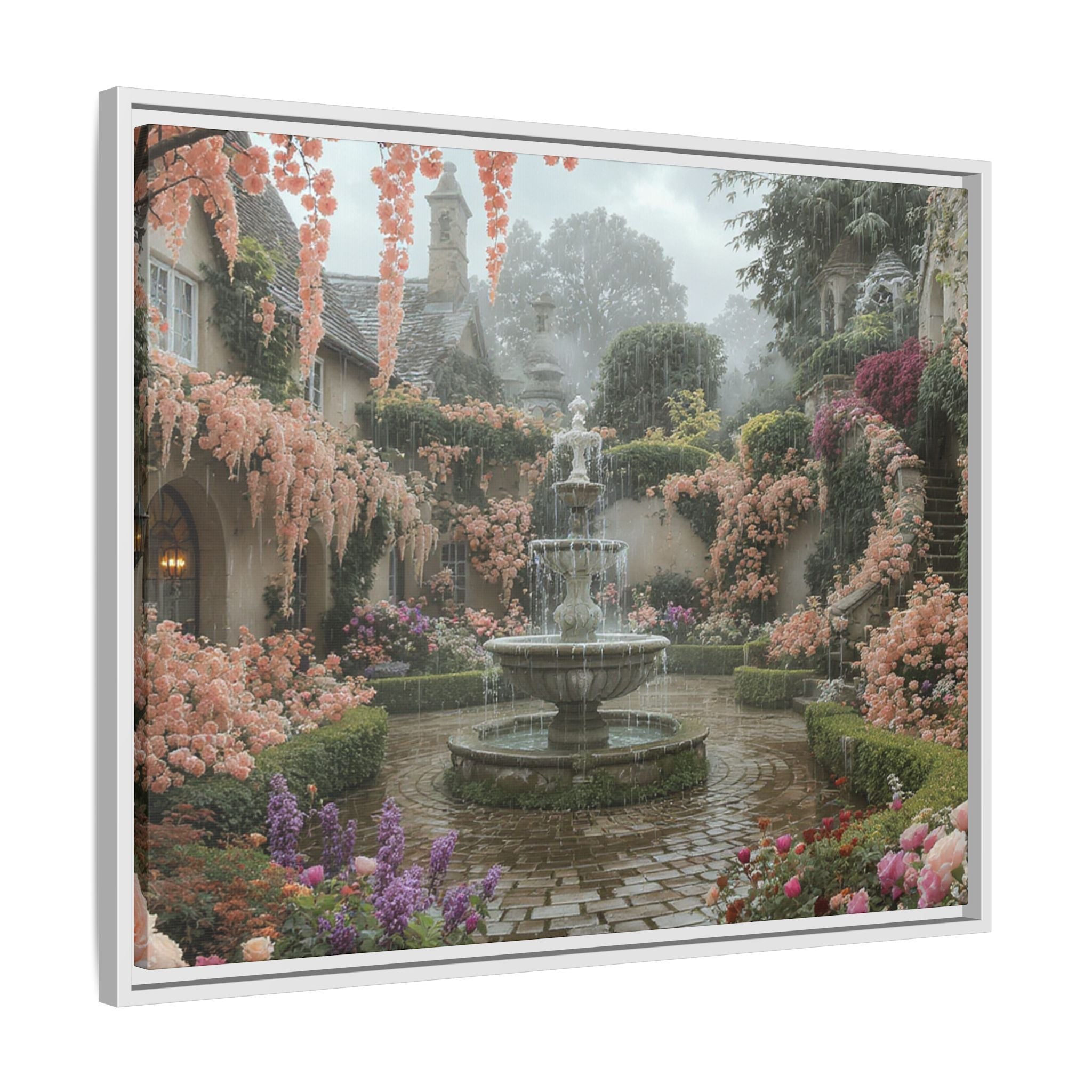 Mediterranean Garden Fountain Canvas — Framed Matte Wall Art