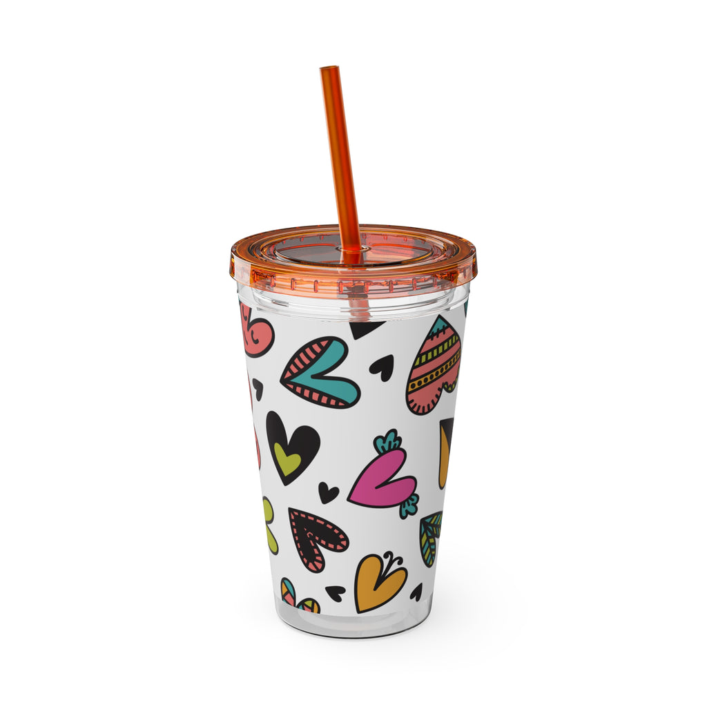 16oz Heart Pattern Tumbler with Straw — Colorful Doodle Hearts Travel Cup