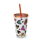 16oz Heart Pattern Tumbler with Straw — Colorful Doodle Hearts Travel Cup