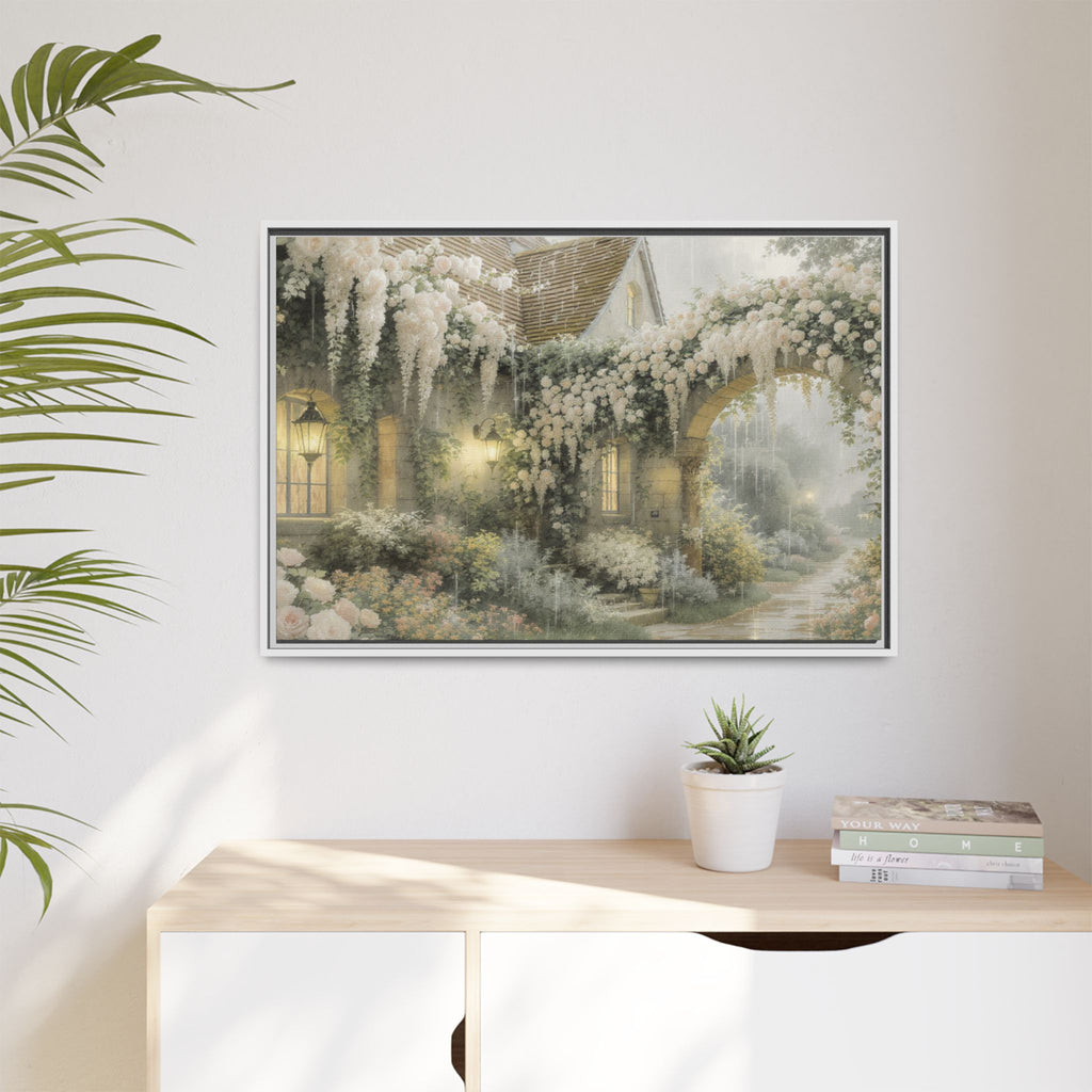 Framed Matte Canvas Print – Cottage Garden Pathway in Soft Floral Hues