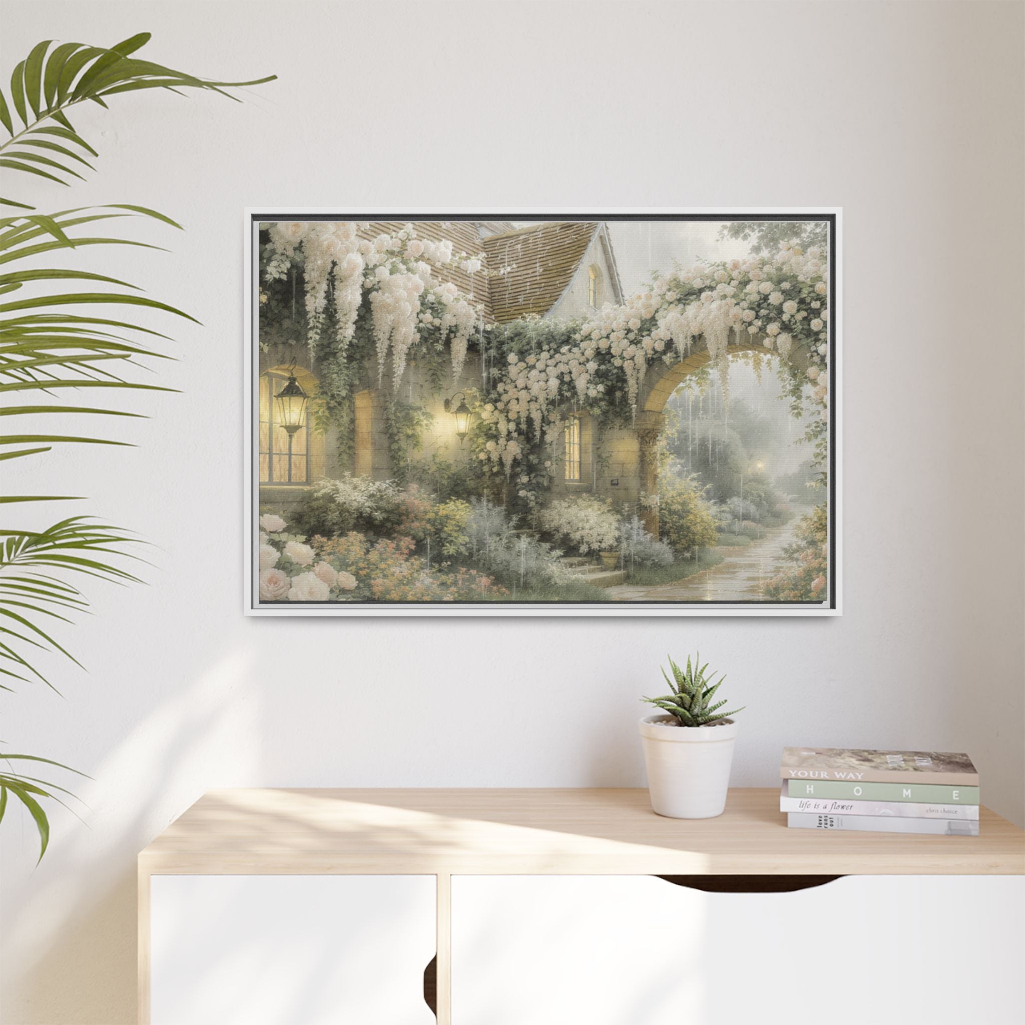 Framed Matte Canvas Print – Cottage Garden Pathway in Soft Floral Hues