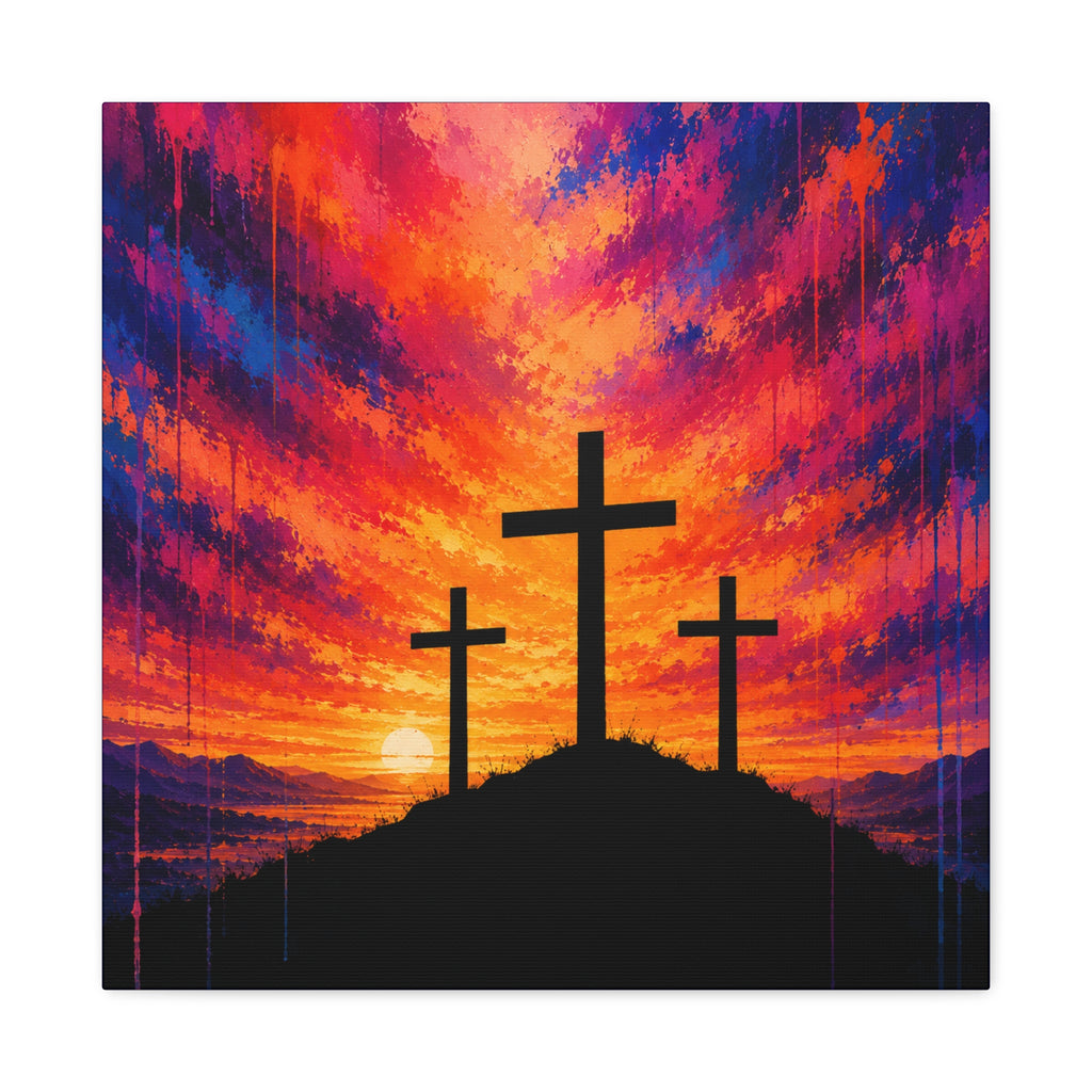 Grace in Color™ – Three Crosses at Sunset | Contemporary Christian Canvas