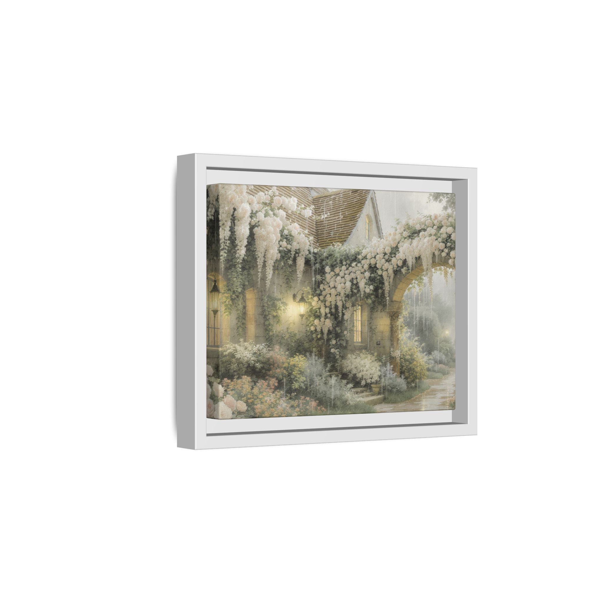 Framed Matte Canvas Print – Cottage Garden Pathway in Soft Floral Hues