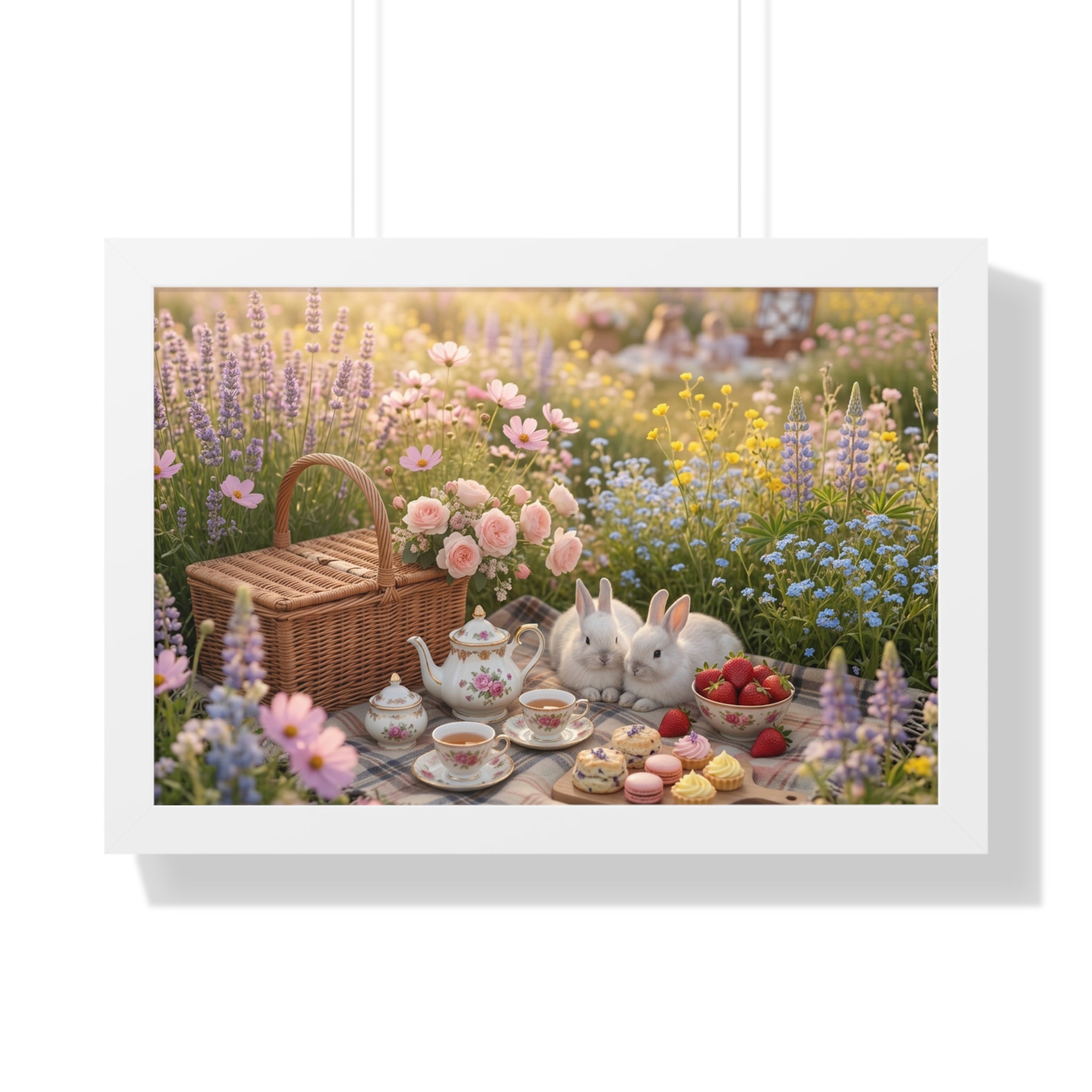 “Golden Meadow Picnic” Framed Poster: Pastel Meadow Picnic Wall Art | Soft Nature Bunny Aesthetic Print | Dreamy Cottagecore Deco