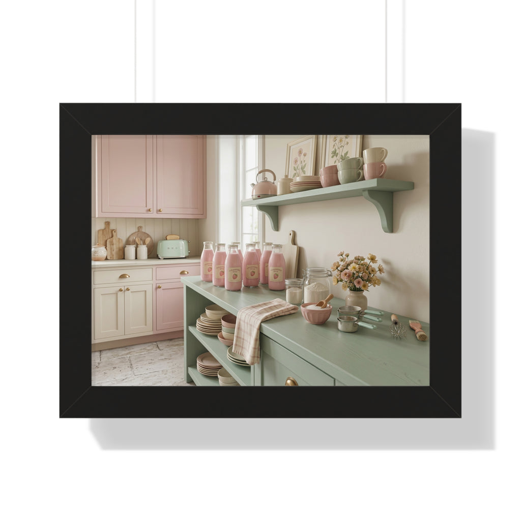 “Strawberry Milk Kitchen Aesthetic” Framed Poster: Pastel Kitchen Wall Art | Strawberry Milk Aesthetic Still Life Print | Soft Retro Home Decor