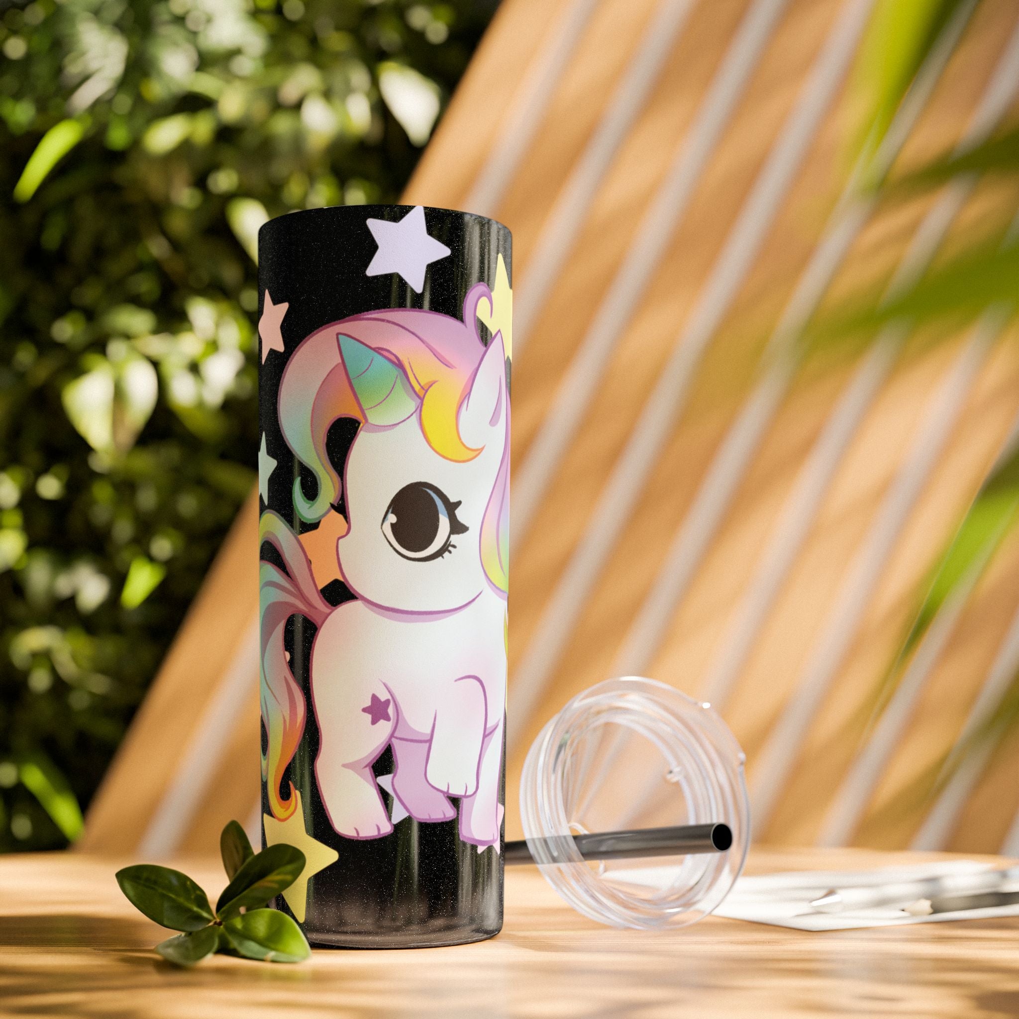 Unicorn Skinny Tumbler 20oz — Cute Pastel Rainbow Unicorn with Straw