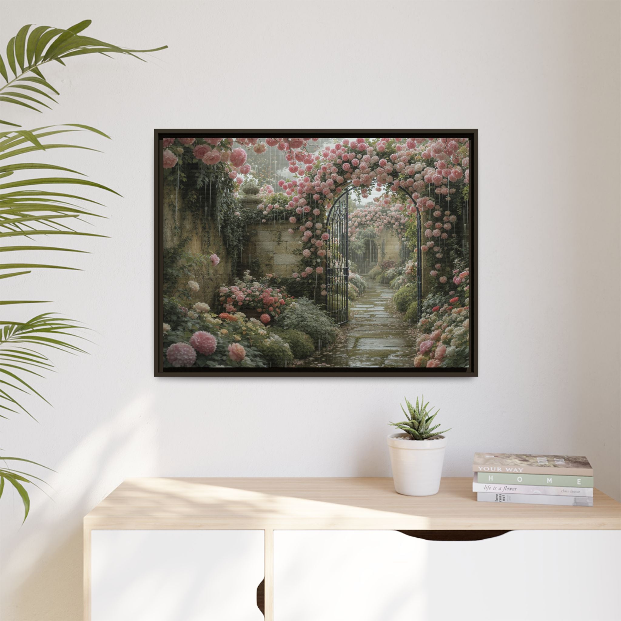 Framed Canvas Print – Secret Garden Archway Floral Landscape