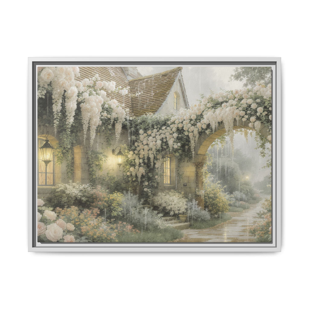 Framed Matte Canvas Print – Cottage Garden Pathway in Soft Floral Hues