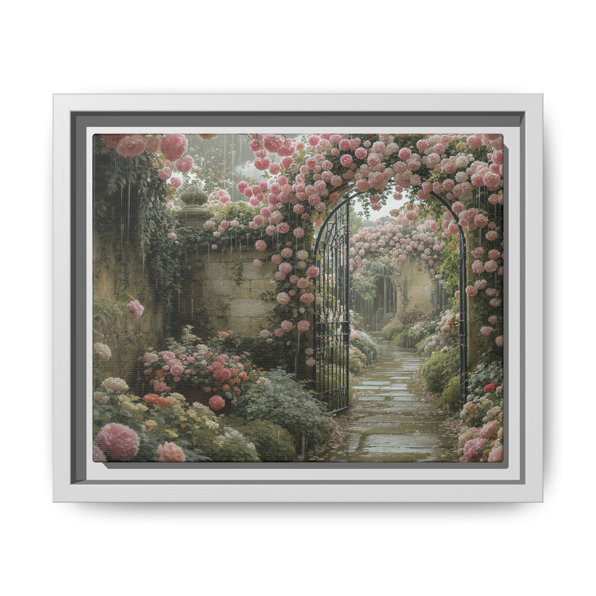 Framed Canvas Print – Secret Garden Archway Floral Landscape