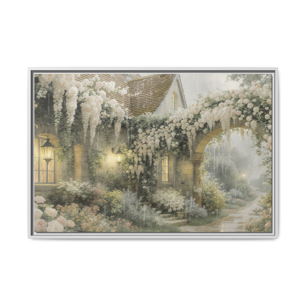 Framed Matte Canvas Print – Cottage Garden Pathway in Soft Floral Hues