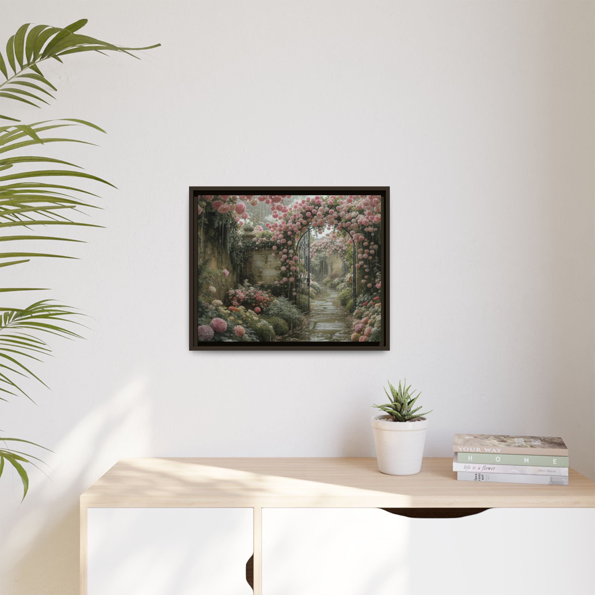 Framed Canvas Print – Secret Garden Archway Floral Landscape