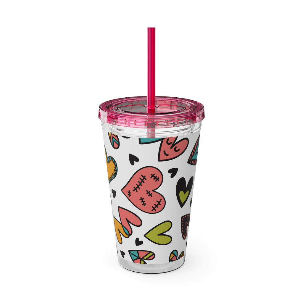 16oz Heart Pattern Tumbler with Straw — Colorful Doodle Hearts Travel Cup